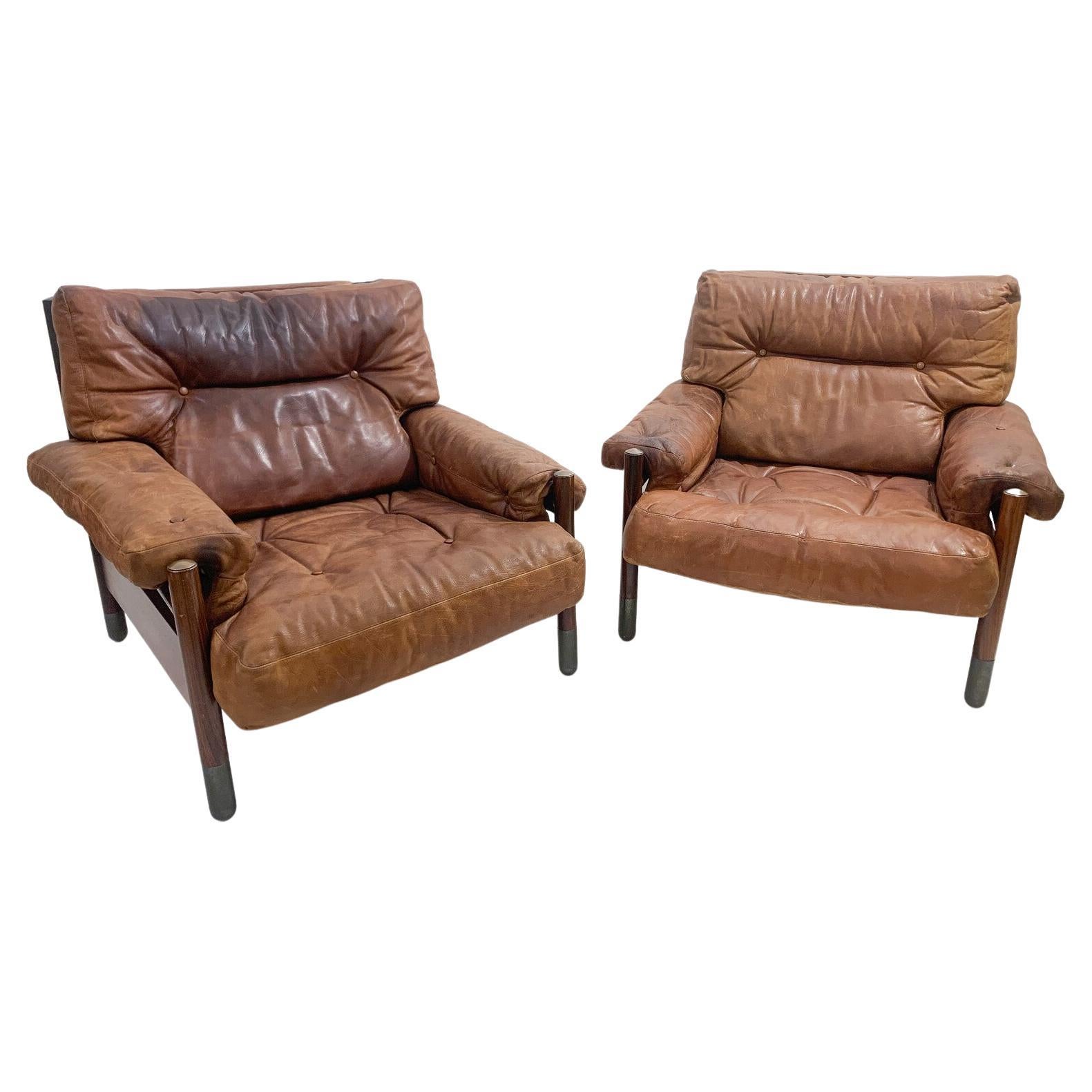 Mid-Century Modern Pair of Cognac Leather Armchairs by Carlo de Carli, Italy