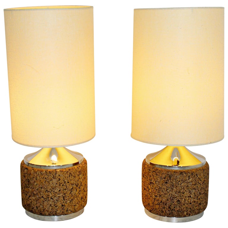 MidCentury Modern Pair of Cork Chrome Table Lamps Orig Shade Brass