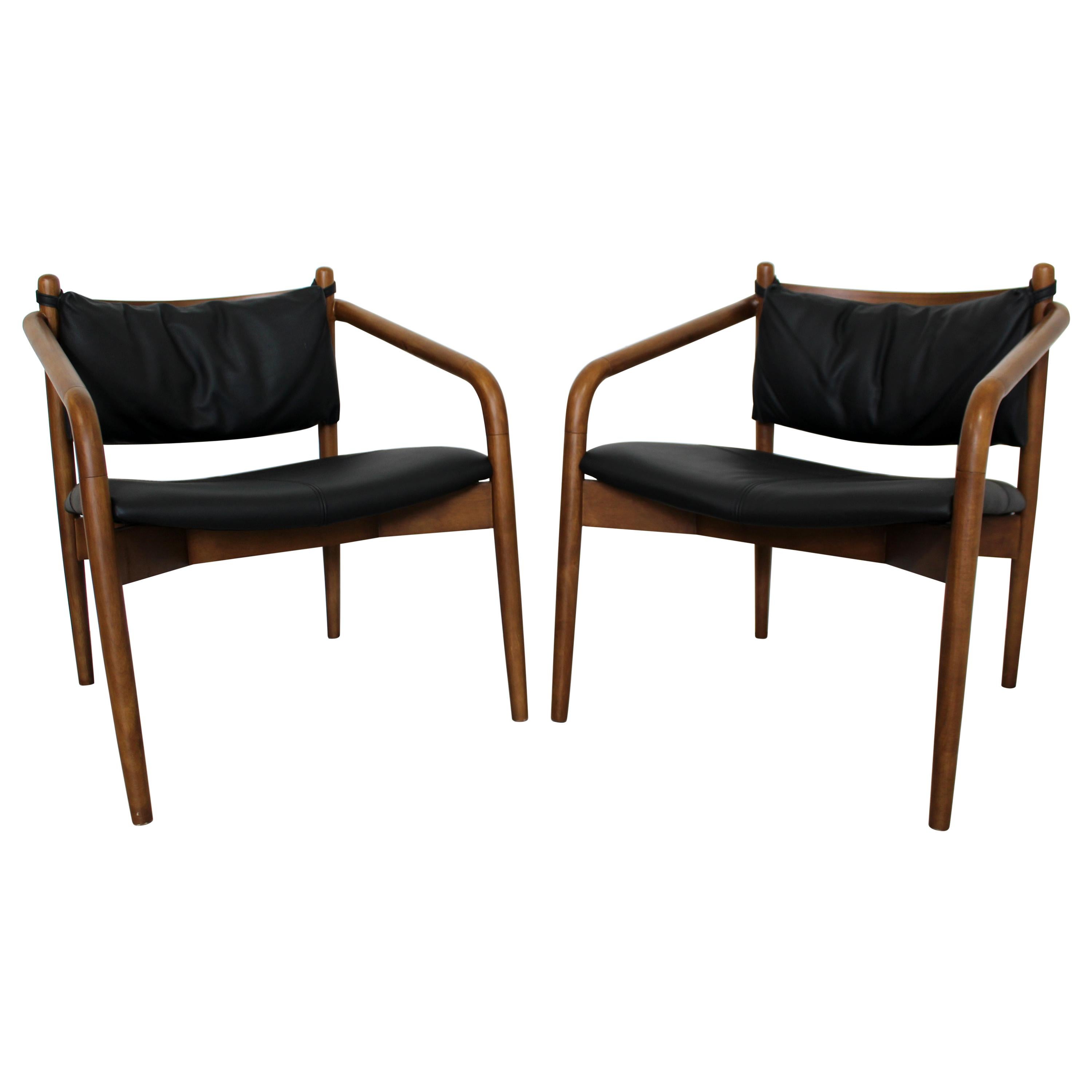 Mid-Century Modern Pair of Curved Bent Wood and Leather Lounge Armchairs, 1970s