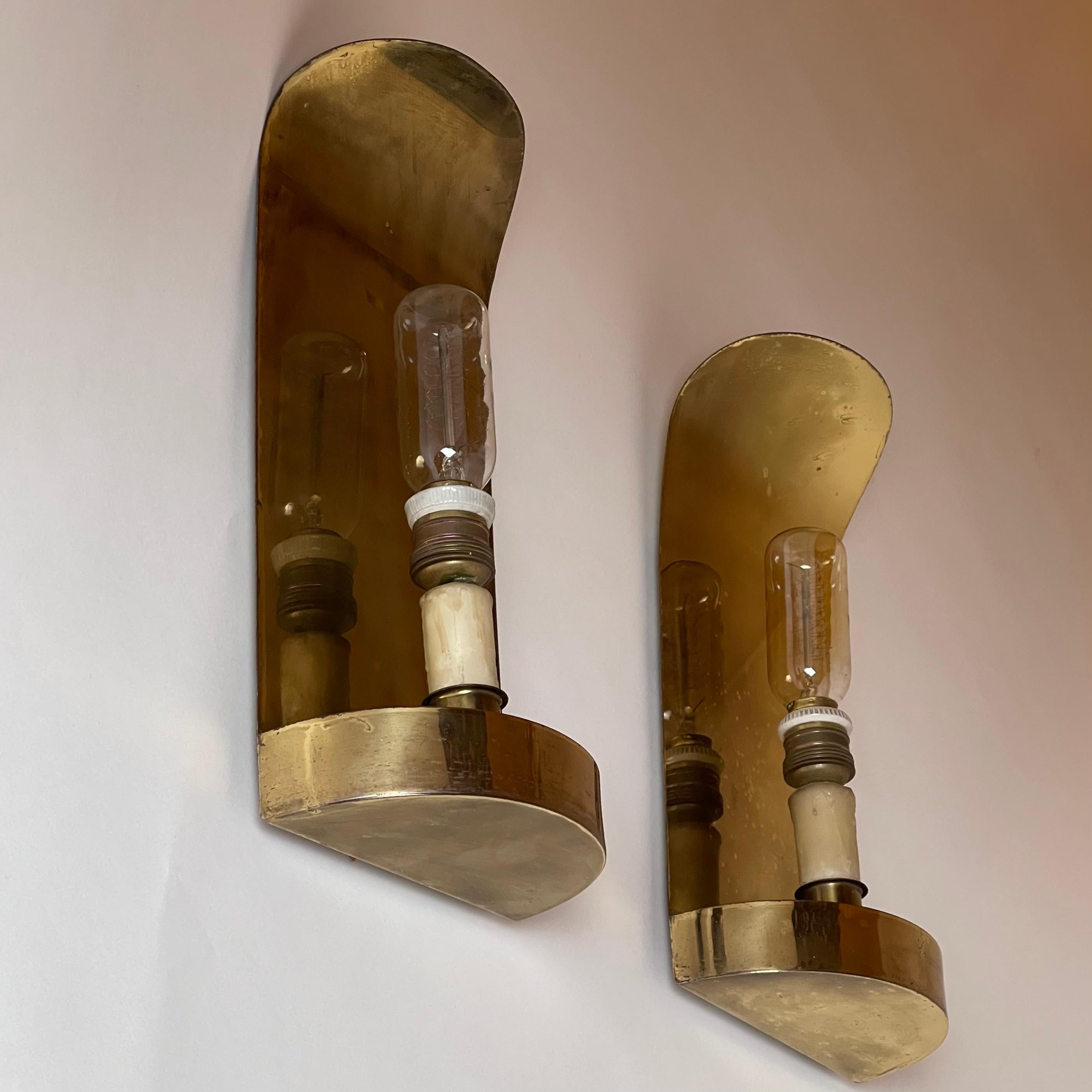 Spanish Mid-Century Modern Pair of Curved Brass Sconces