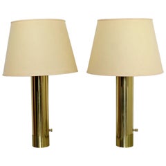 Mid-Century Modern Pair of Cylindrical Brass Table Lamps Kovacs Style[, 1970s Mid-Century Modern Pair of Cylindrical Brass Table Lamps Kovacs Style[, 1970s