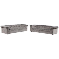 Mid-Century Modern Pair of Dunbar X-Long Party Tufted Velvet Sofas Model 7160