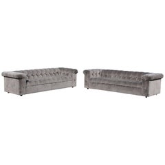 Retro Mid-Century Modern Pair of Dunbar X-Long Party Tufted Velvet Sofas Model 7160