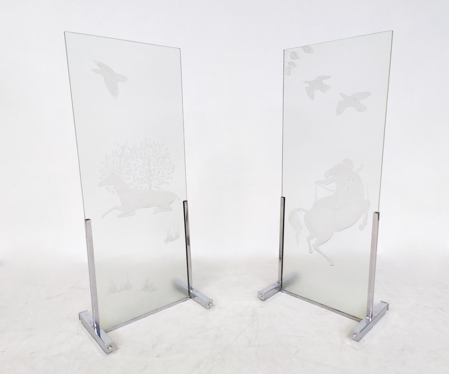 Mid-Century Modern Pair of Engraved Glass Panels, 1950s.