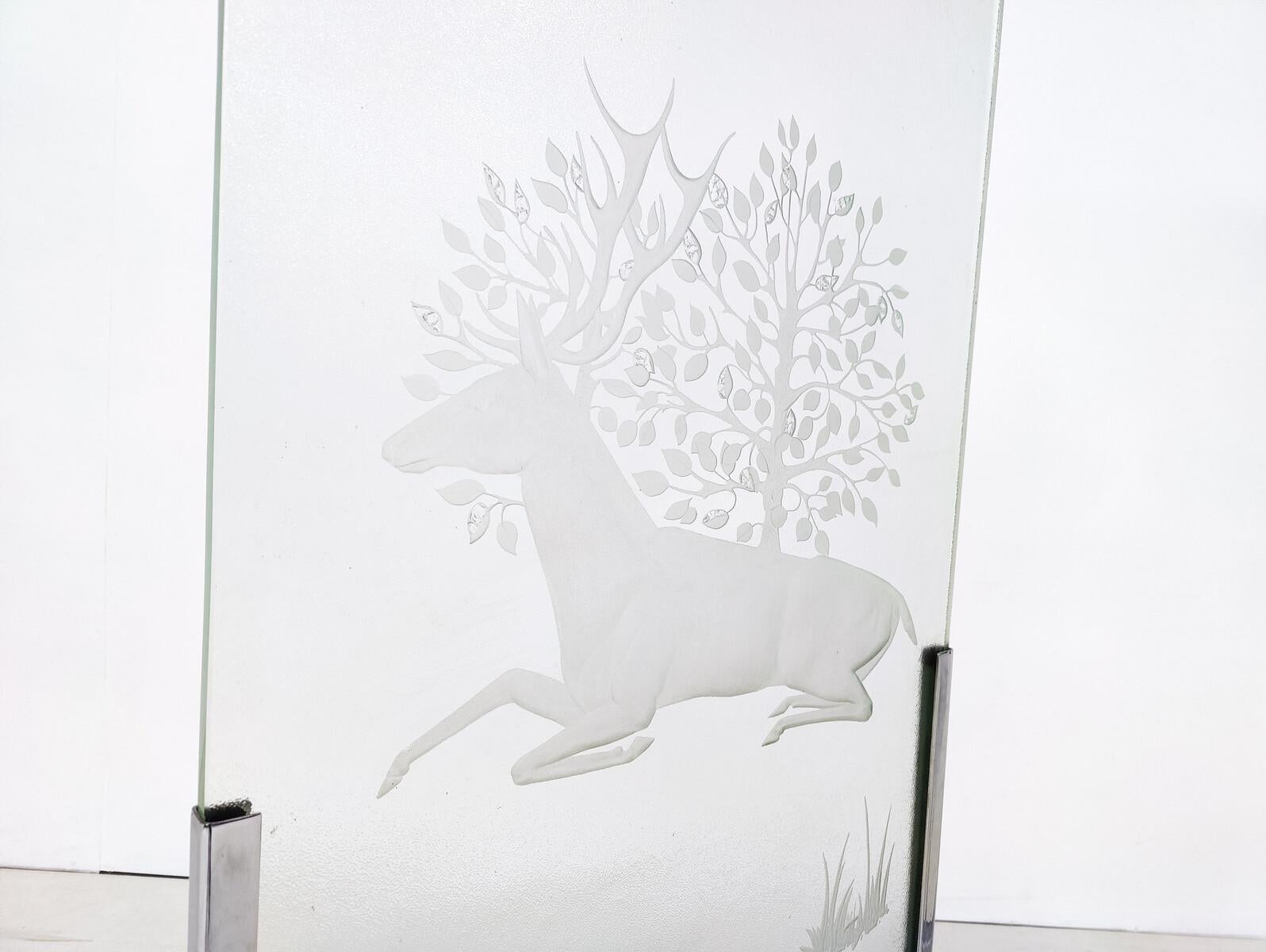 Mid-20th Century Mid-Century Modern Pair of Engraved Glass Panels, 1950s For Sale
