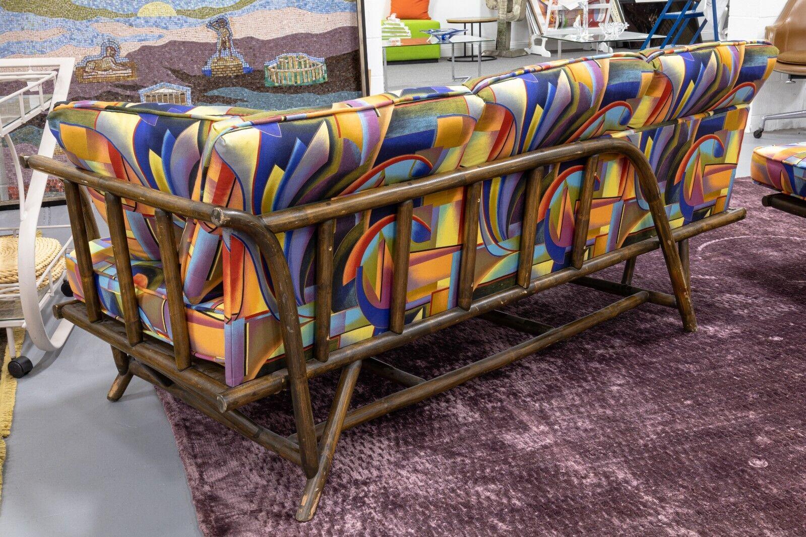 20th Century Mid-Century Modern Pair of Ficks Reed Bamboo Chaise Sofas W/ Funky 90s Fabric