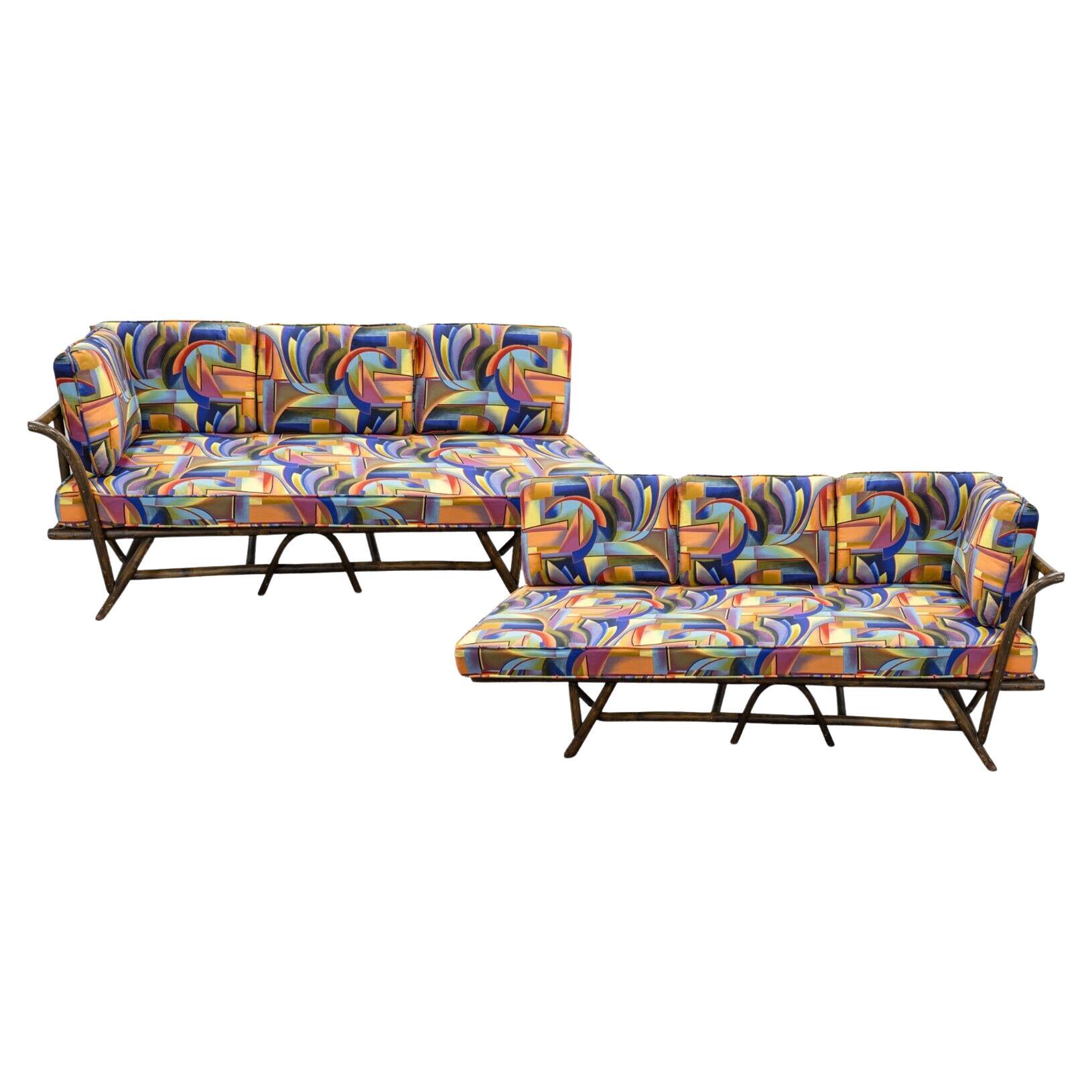 Mid-Century Modern Pair of Ficks Reed Bamboo Chaise Sofas W/ Funky 90s  Fabric For Sale at 1stDibs