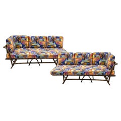 Mid-Century Modern Pair of Ficks Reed Bamboo Chaise Sofas W/ Funky 90s Fabric