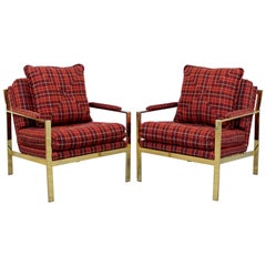 Mid-Century Modern Pair of Flat Bar Brass Armchairs DIA 1970s Baughman Style