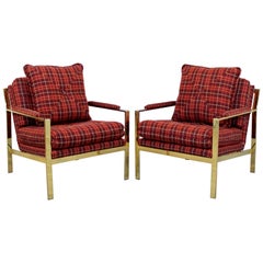 Mid-Century Modern Pair of Flat Bar Brass Armchairs DIA 1970s Baughman Style