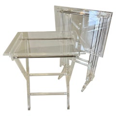 Mid Century Modern Pair of Fold-Up Lucite TV Tray Tables with Stand