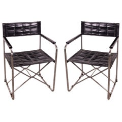 Mid Century Modern Pair of Folding Leather and Chrome Italian Director Chairs