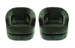 Mid-Century Modern Pair of Green Ruched Barrel Back Swivel Chairs