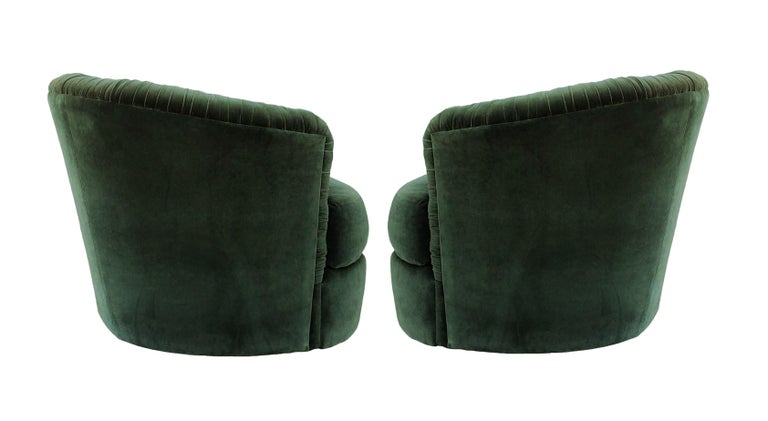 American Mid-Century Modern Pair of Green Ruched Barrel Back Swivel Chairs