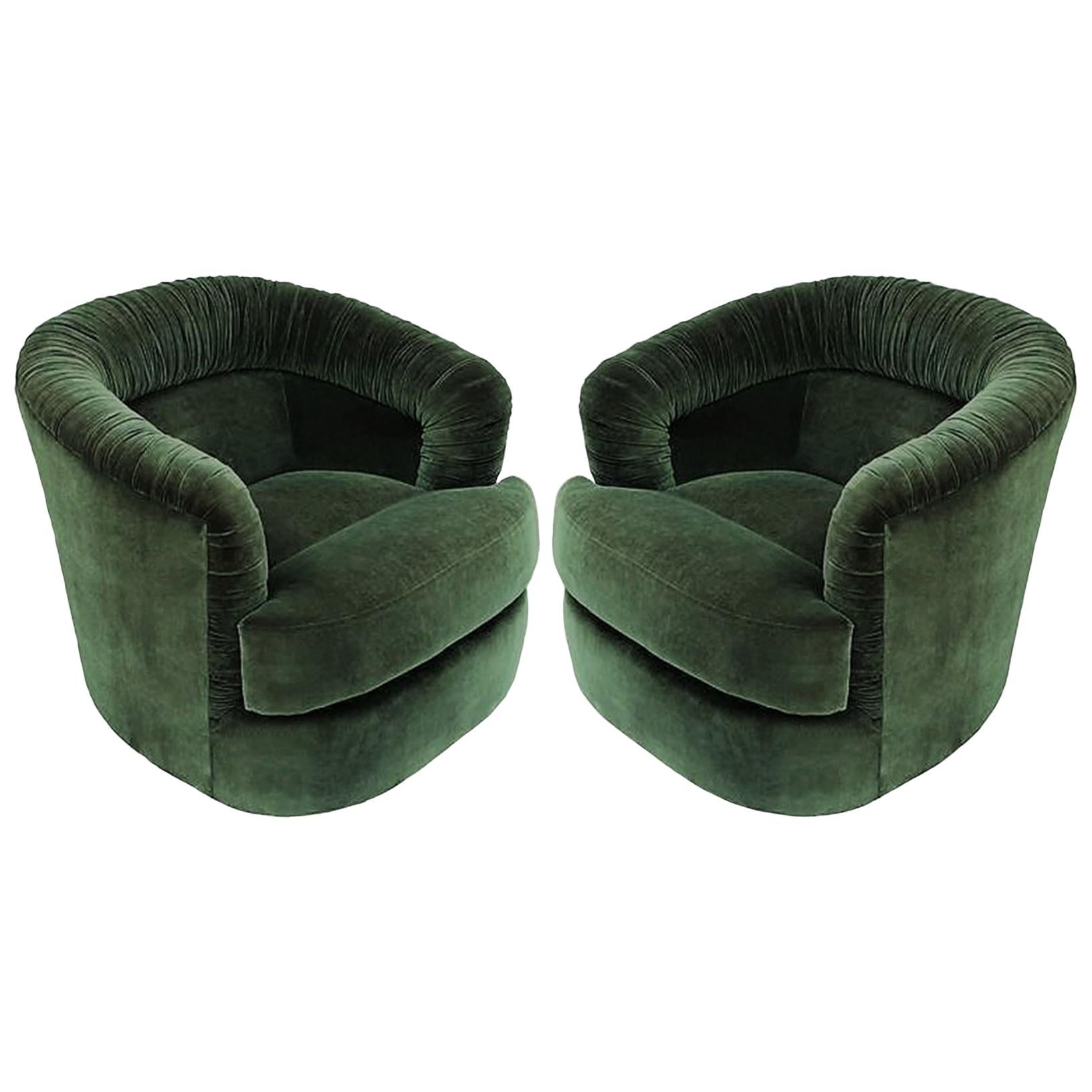 Mid-Century Modern Pair of Green Ruched Barrel Back Swivel Chairs