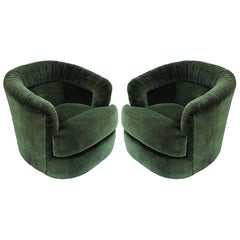 Mid-Century Modern Pair of Green Ruched Barrel Back Swivel Chairs