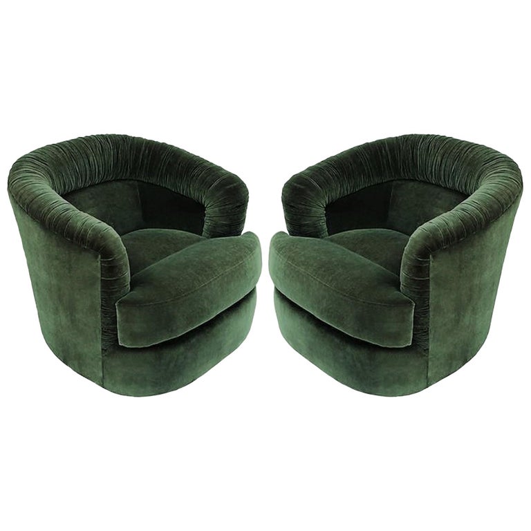 Mid-Century Modern Pair of Green Ruched Barrel Back Swivel Chairs