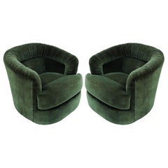 Mid-Century Modern Pair of Green Ruched Barrel Back Swivel Chairs