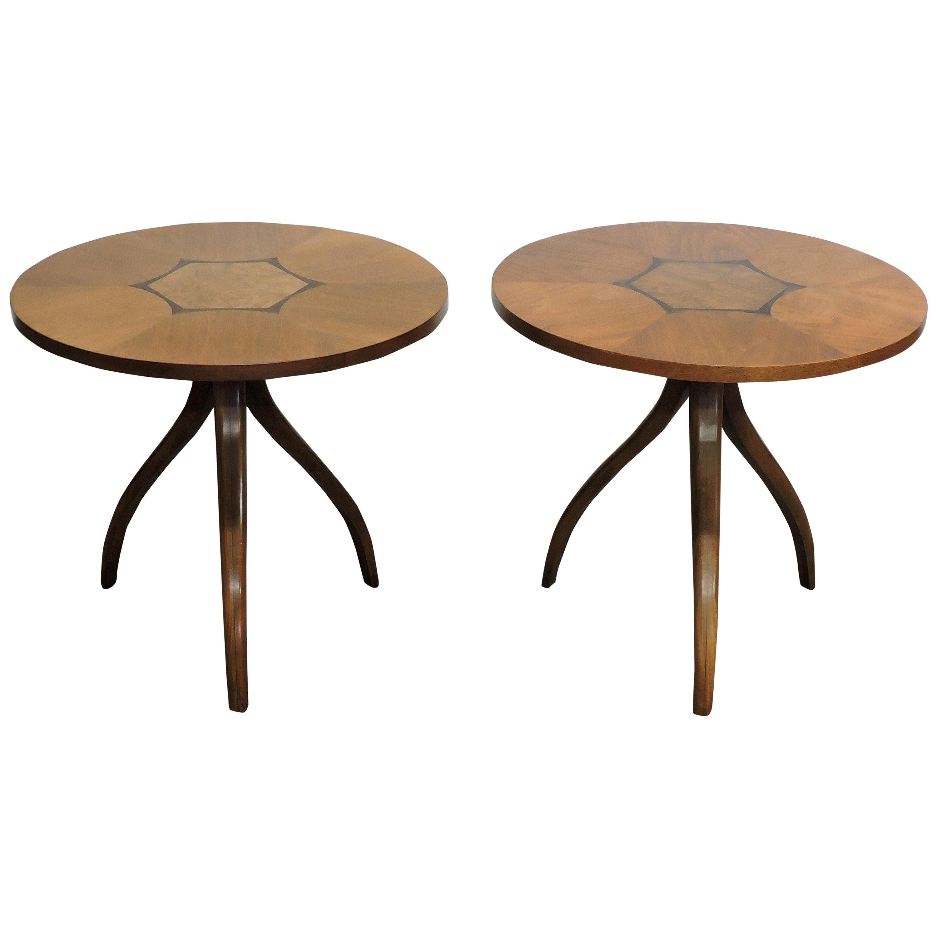 Mid-Century Modern Pair of Gueridon Tripod Walnut Composite End Tables by Drexel