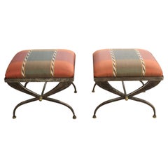 Mid Century Modern Pair of Gunmetal and Brass X Base Ottomans by Sarried