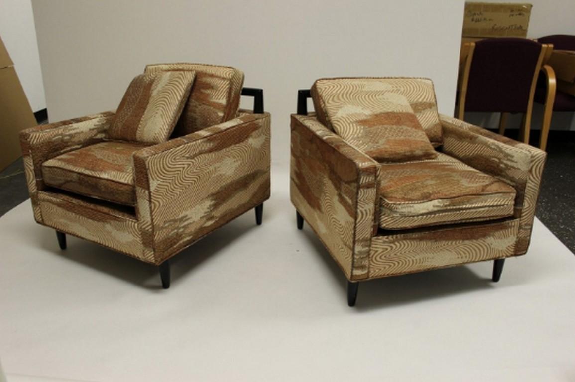For your consideration are two timelessly classic rare Harvey Probber style chairs with angular black lacquer wood trim and fabulous Gabrielle Cie fabric. They are just as much in style today as when they were created. Both chairs upholstery are in