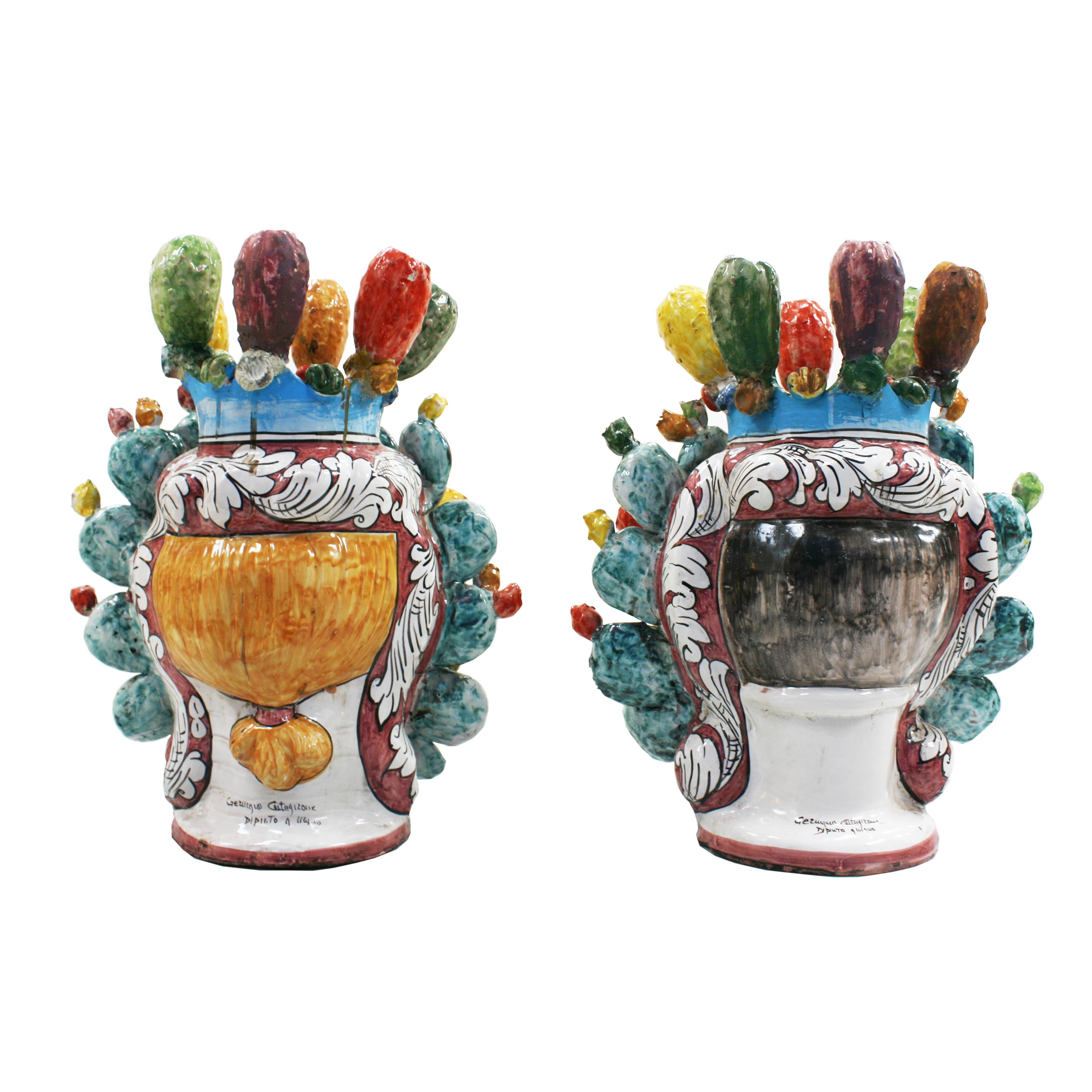 Hand-Painted Mid-Century Modern Pair of Heads Shape Sicilian Terracotta Hand Painted Vase