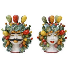 Mid-Century Modern Pair of Heads Shape Sicilian Terracotta Hand Painted Vase