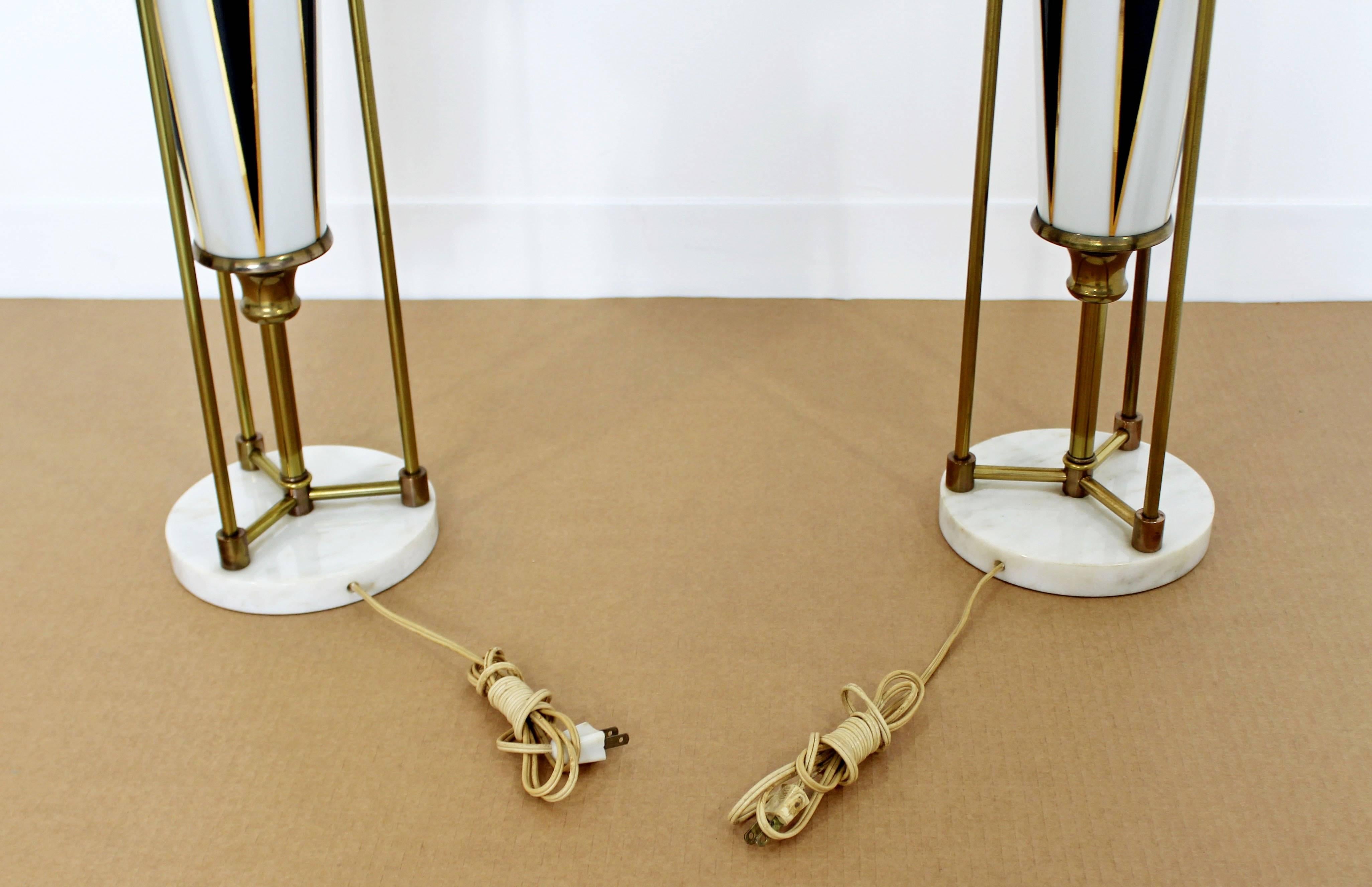 Mid-Century Modern Pair of Hollywood Regency Harlequin Brass Glass Marble Lamps 3