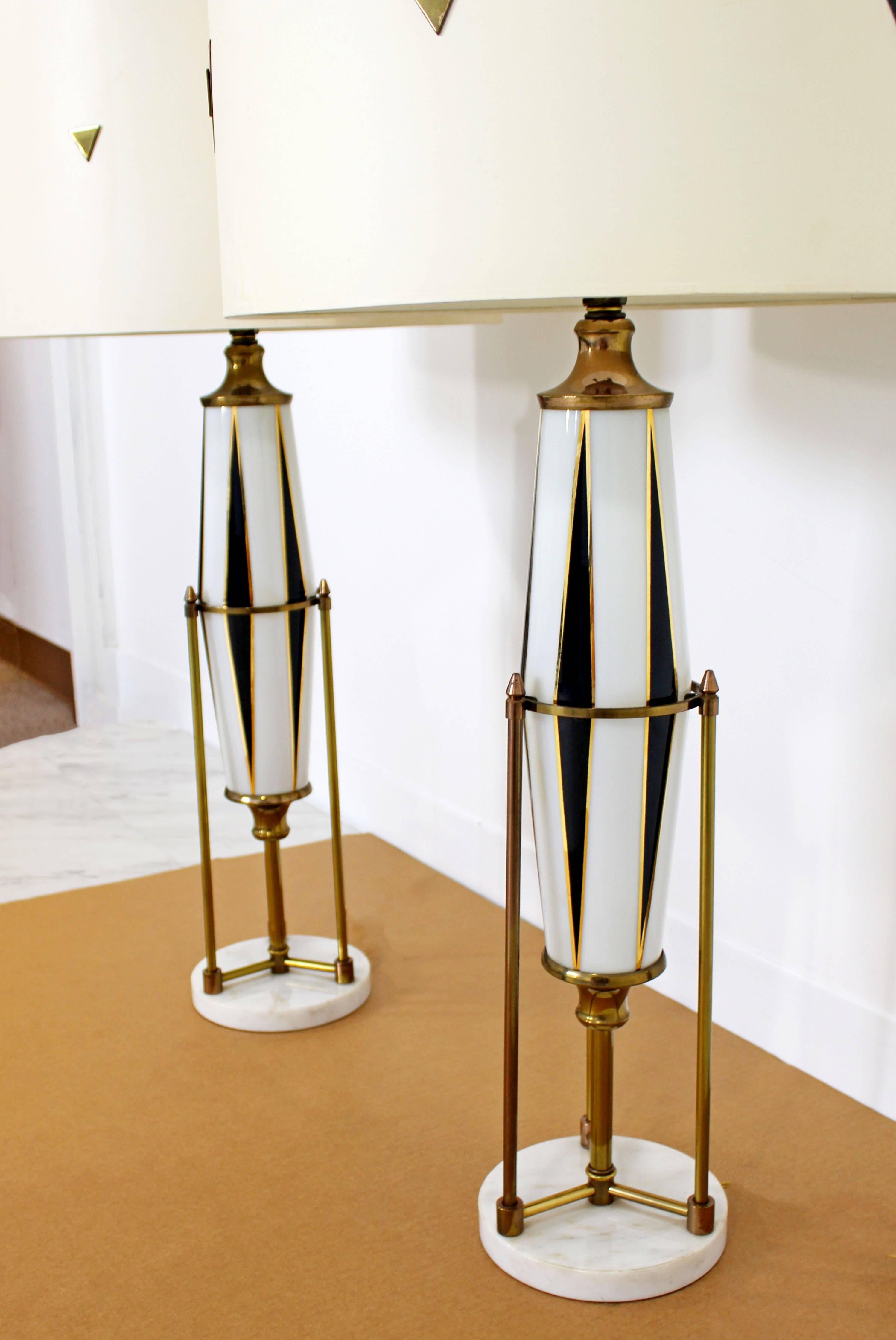 American Mid-Century Modern Pair of Hollywood Regency Harlequin Brass Glass Marble Lamps