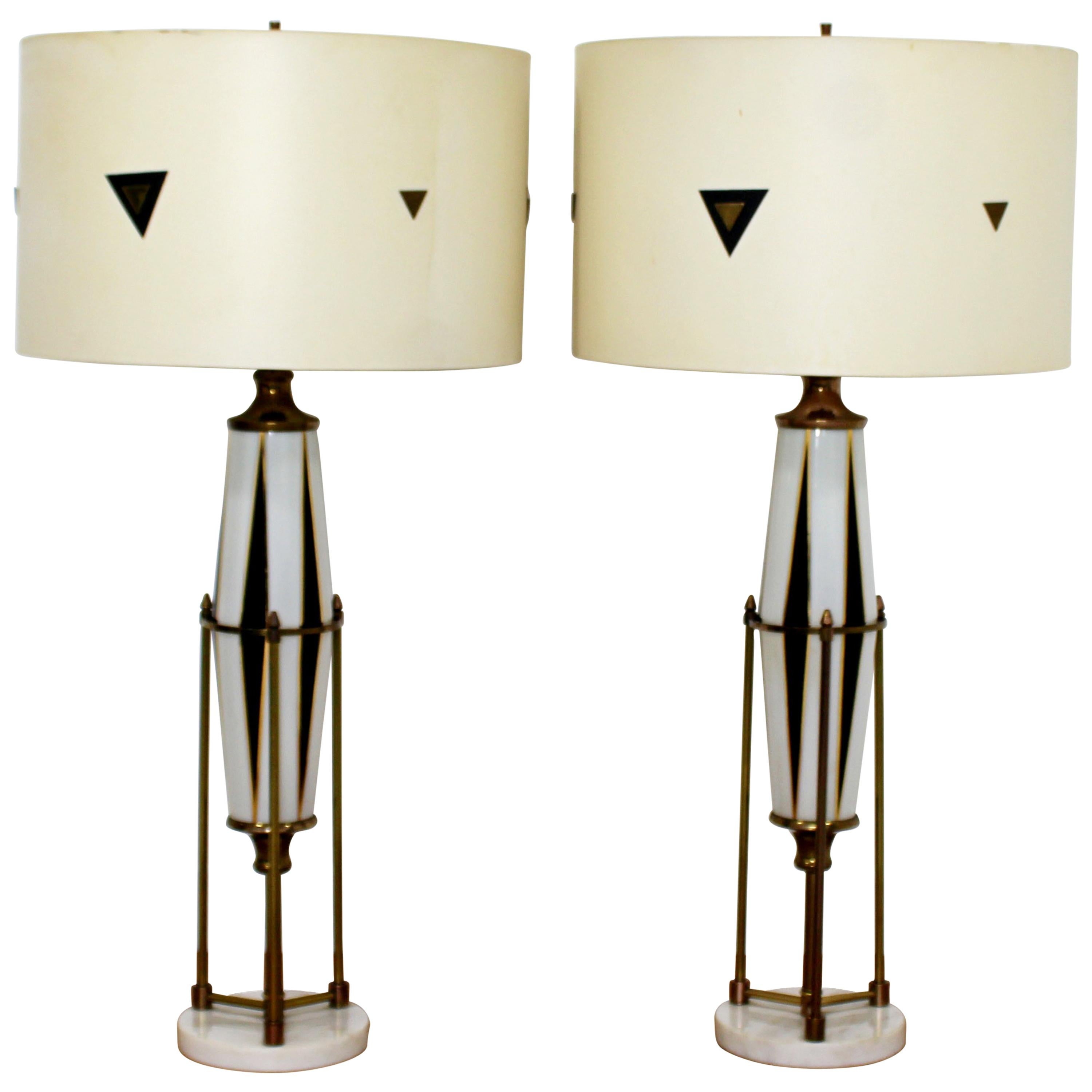 Mid-Century Modern Pair of Hollywood Regency Harlequin Brass Glass Marble Lamps