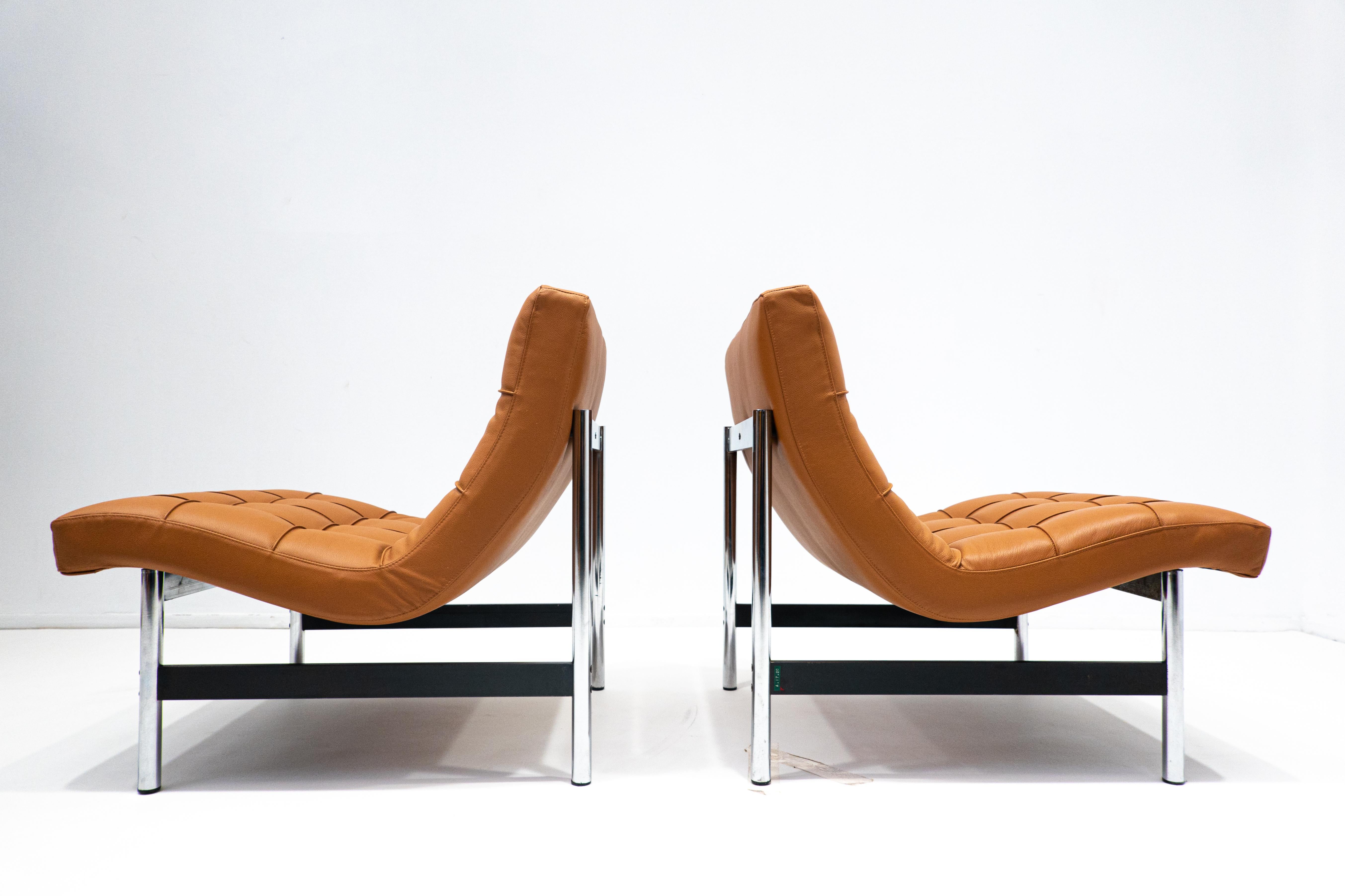 Mid-Century Modern Paire de fauteuils italiens modernes du milieu du siècle dernier, cuir cognac, 1970 en vente