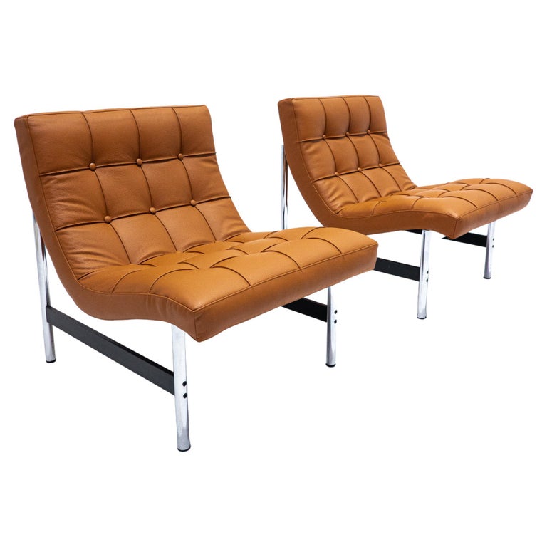 Mid-Century Modern Pair of Italian Armchairs, Cognac Leather, 1970s For Sale