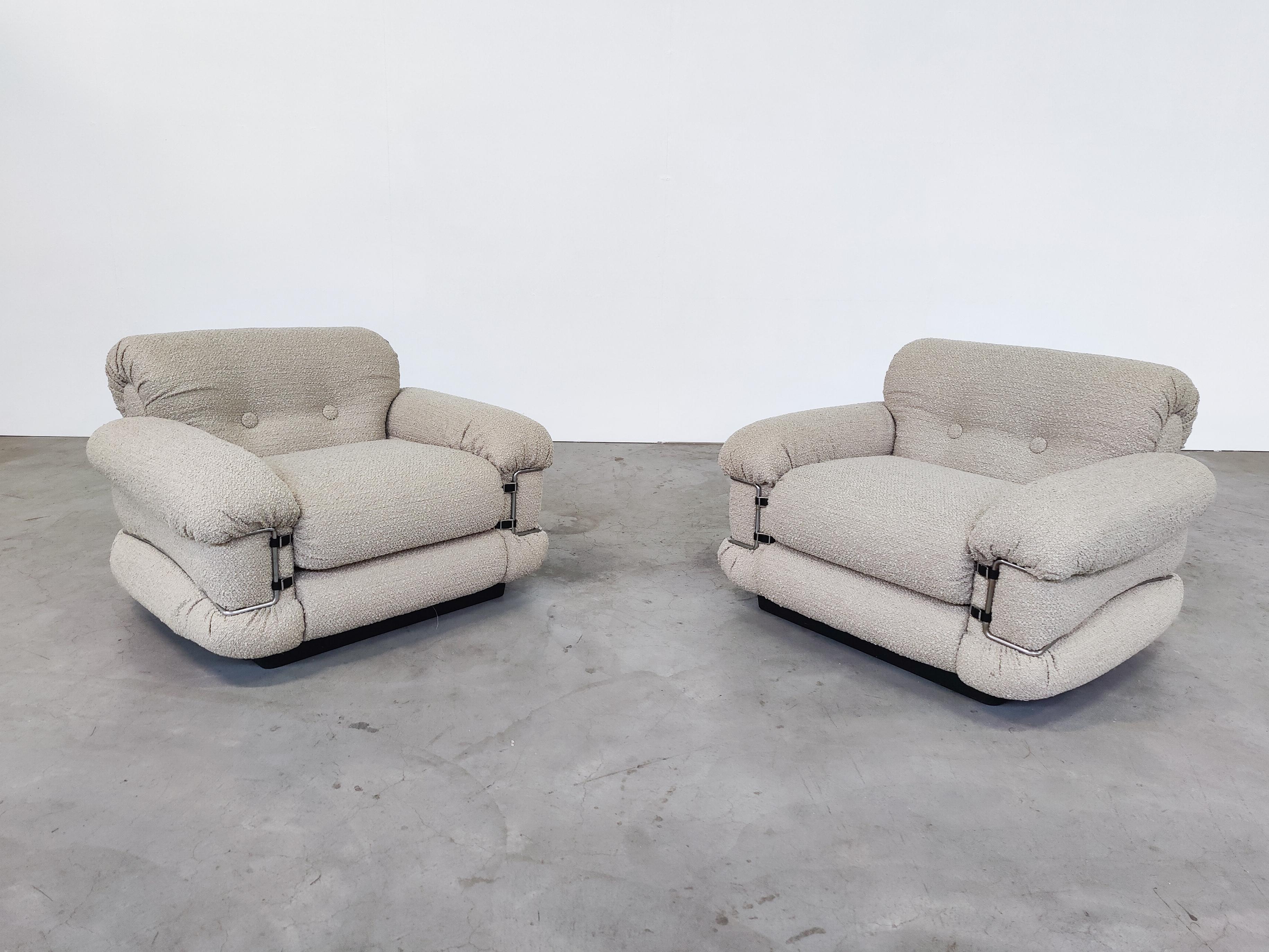 Mid-Century Modern pair of Italian armchairs, New upholstery Beige Boucle Fabric, 1960s.