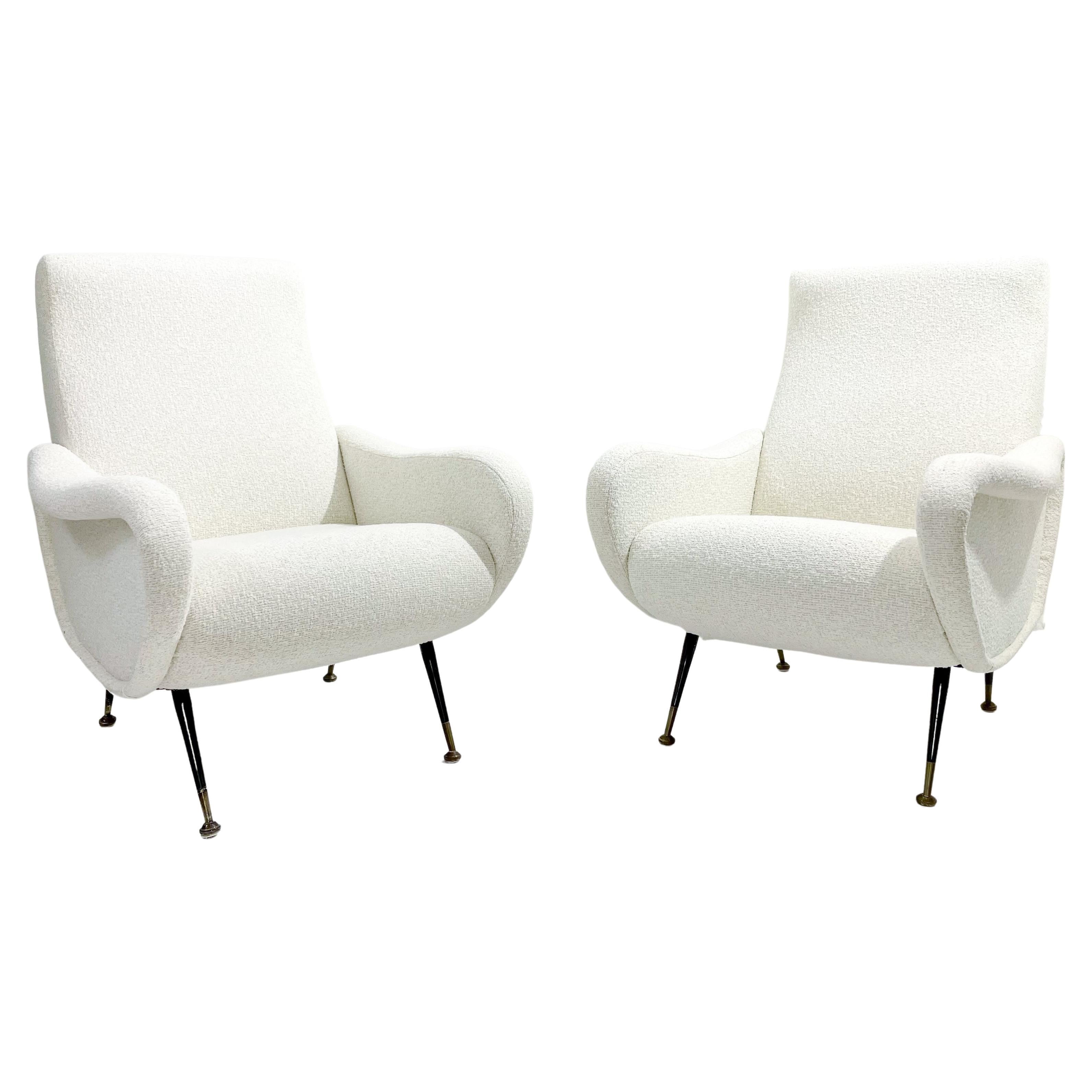 Mid-Century Modern Pair of Italian Armchairs, White Fabric, 1950s For Sale