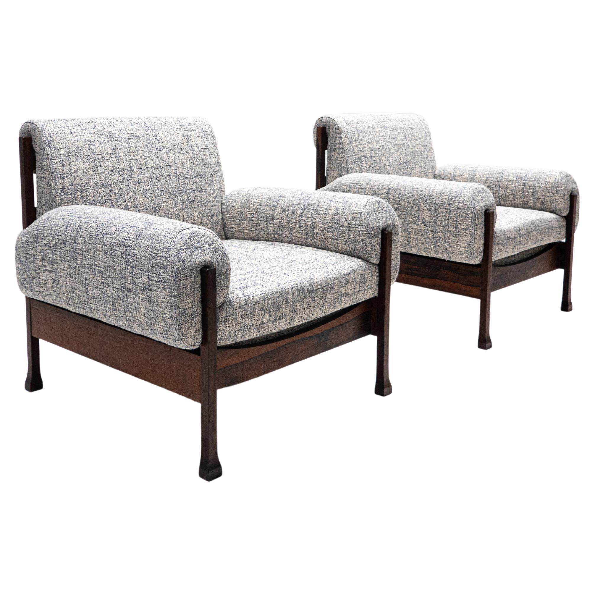Mid-Century Modern Pair of Italian Armchairs, Wood and Fabric, New Upholstery