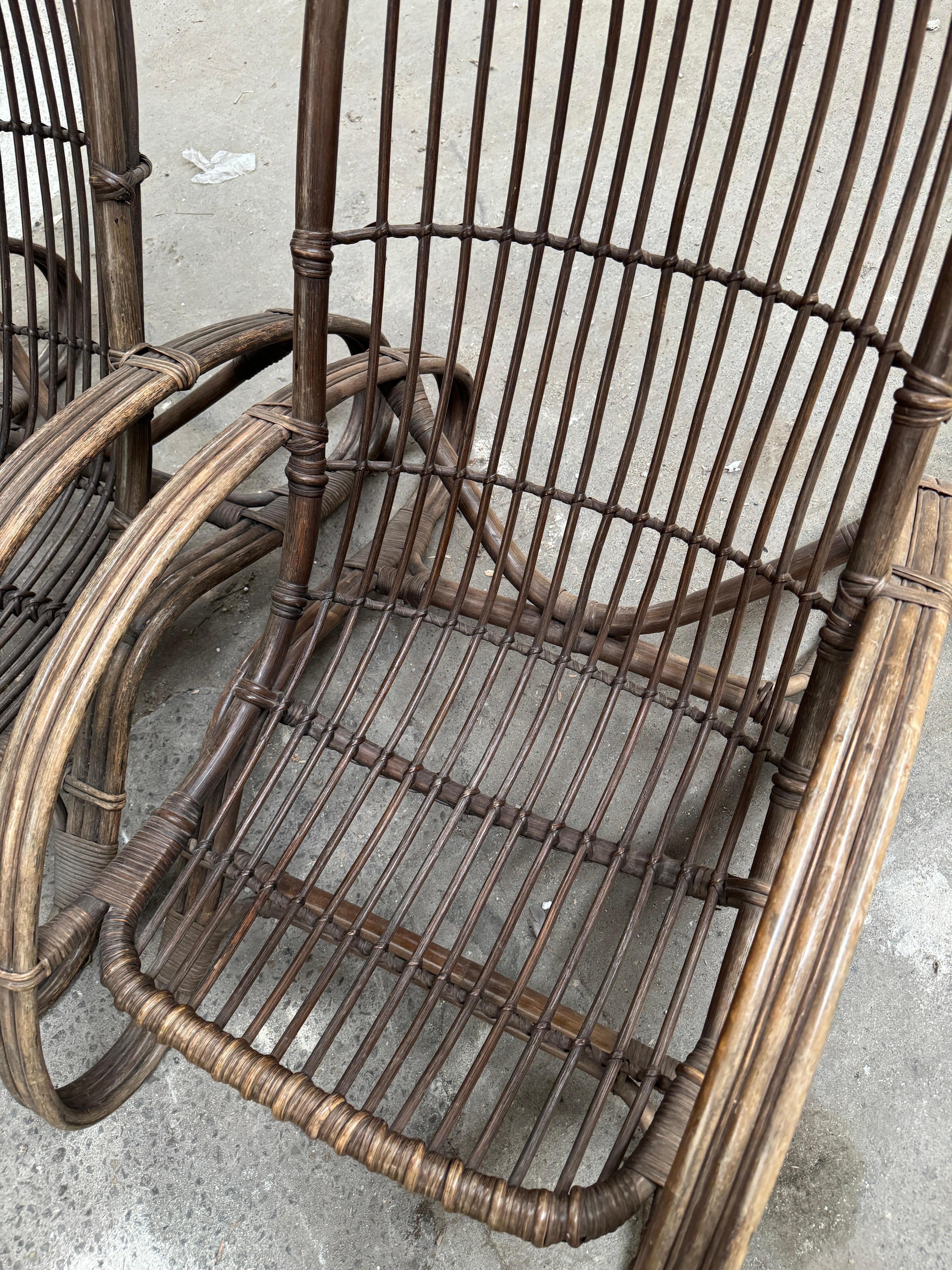 Mid-Century Modern Pair of Italian Bamboo and Rattan Armchairs by Tito Agnoli For Sale 8