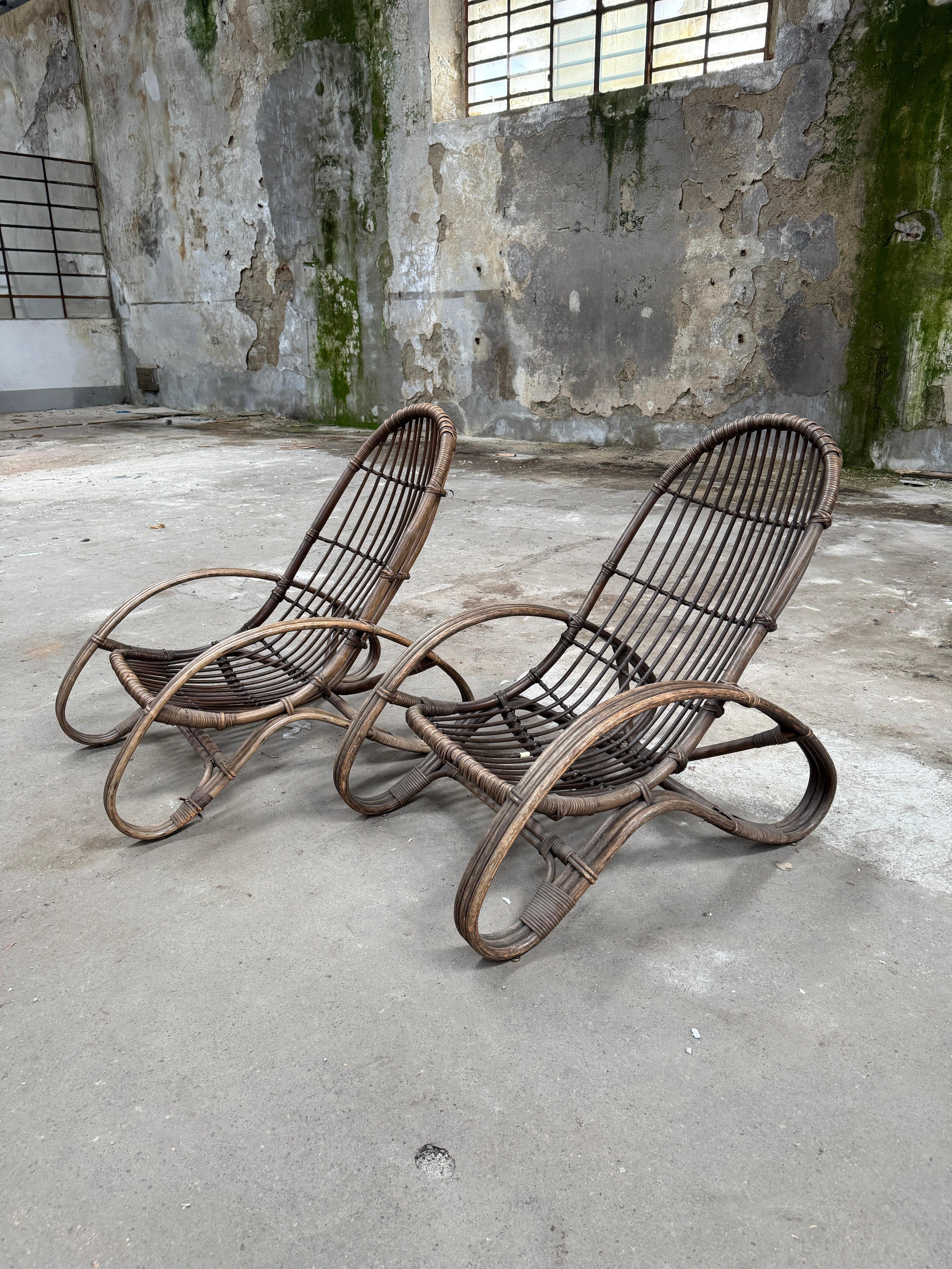 Mid-Century Modern Pair of Italian Bamboo and Rattan Armchairs by Tito Agnoli In Good Condition For Sale In Prato, IT