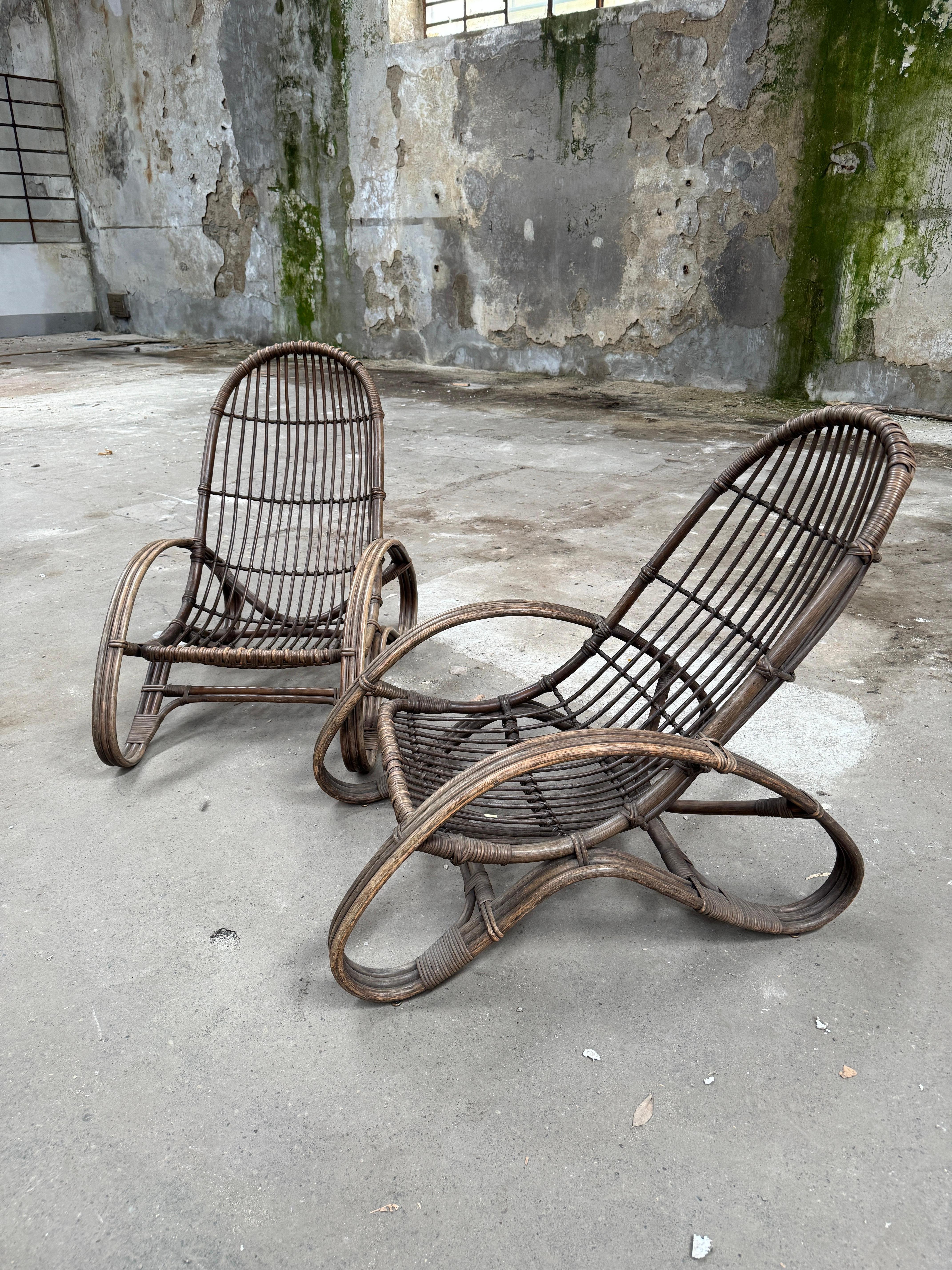 Mid-20th Century Mid-Century Modern Pair of Italian Bamboo and Rattan Armchairs by Tito Agnoli For Sale