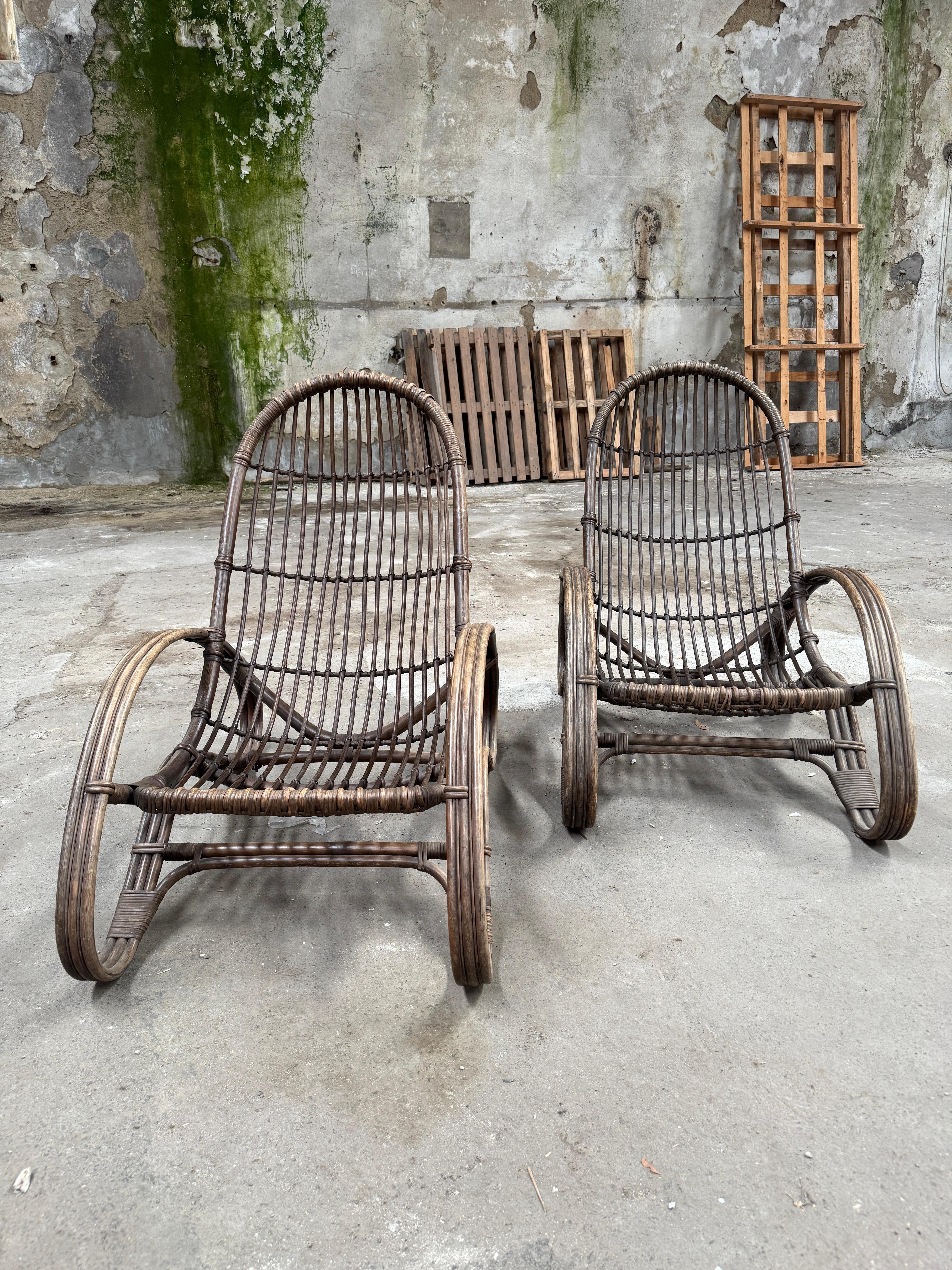 Mid-Century Modern Pair of Italian Bamboo and Rattan Armchairs by Tito Agnoli For Sale 1