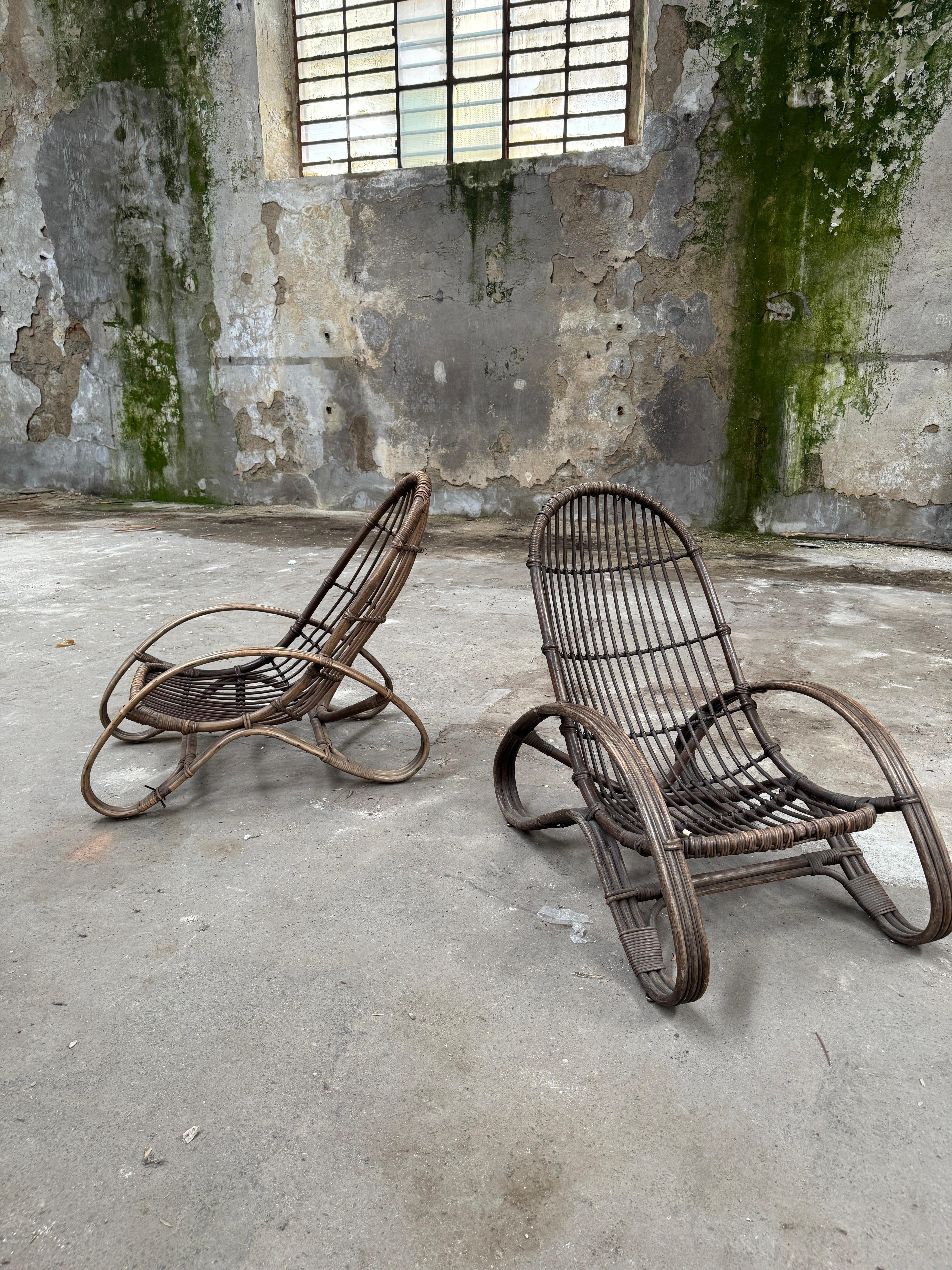 Mid-Century Modern Pair of Italian Bamboo and Rattan Armchairs by Tito Agnoli For Sale 2