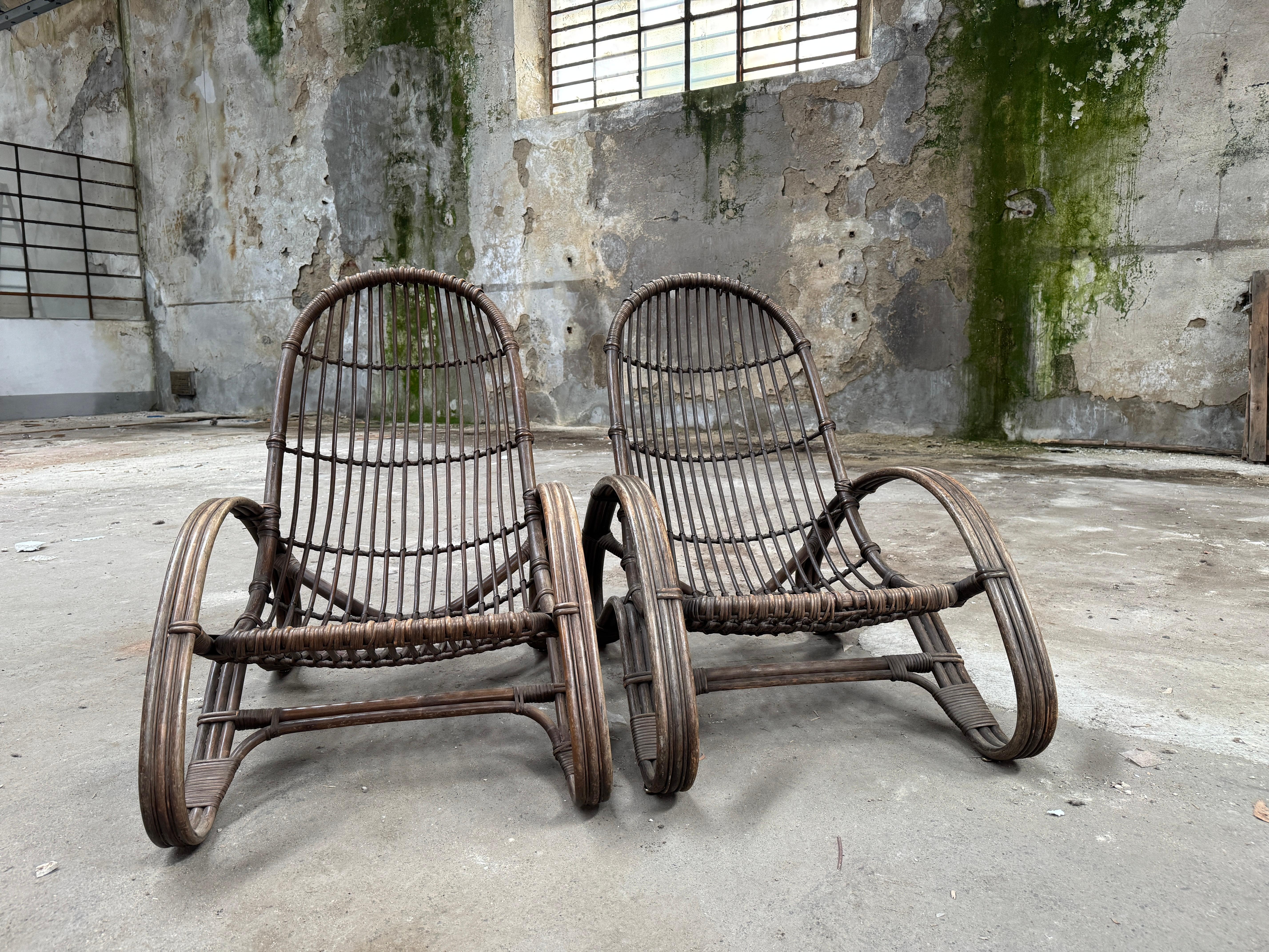 Mid-Century Modern Pair of Italian Bamboo and Rattan Armchairs by Tito Agnoli For Sale 3