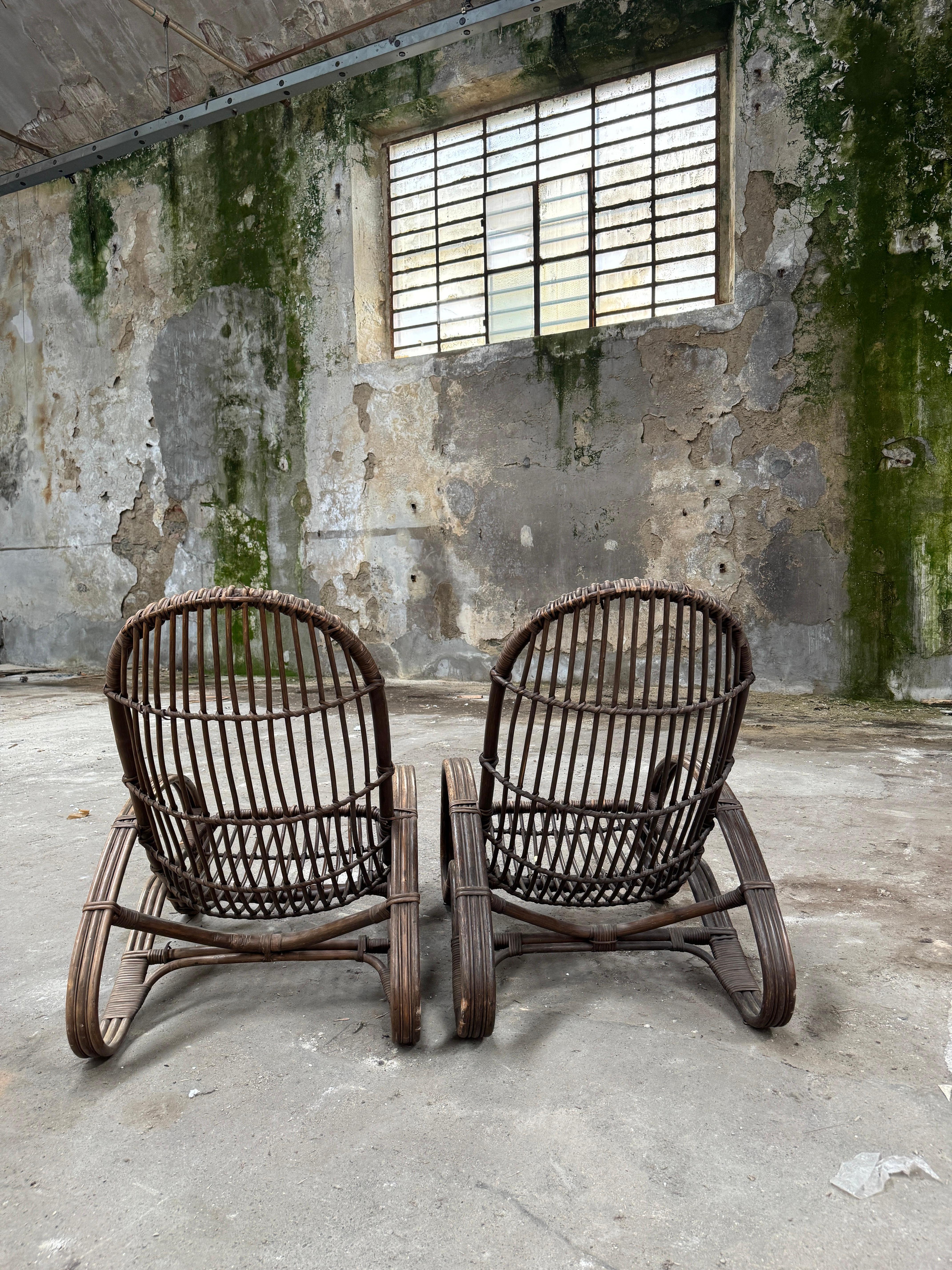 Mid-Century Modern Pair of Italian Bamboo and Rattan Armchairs by Tito Agnoli For Sale 4