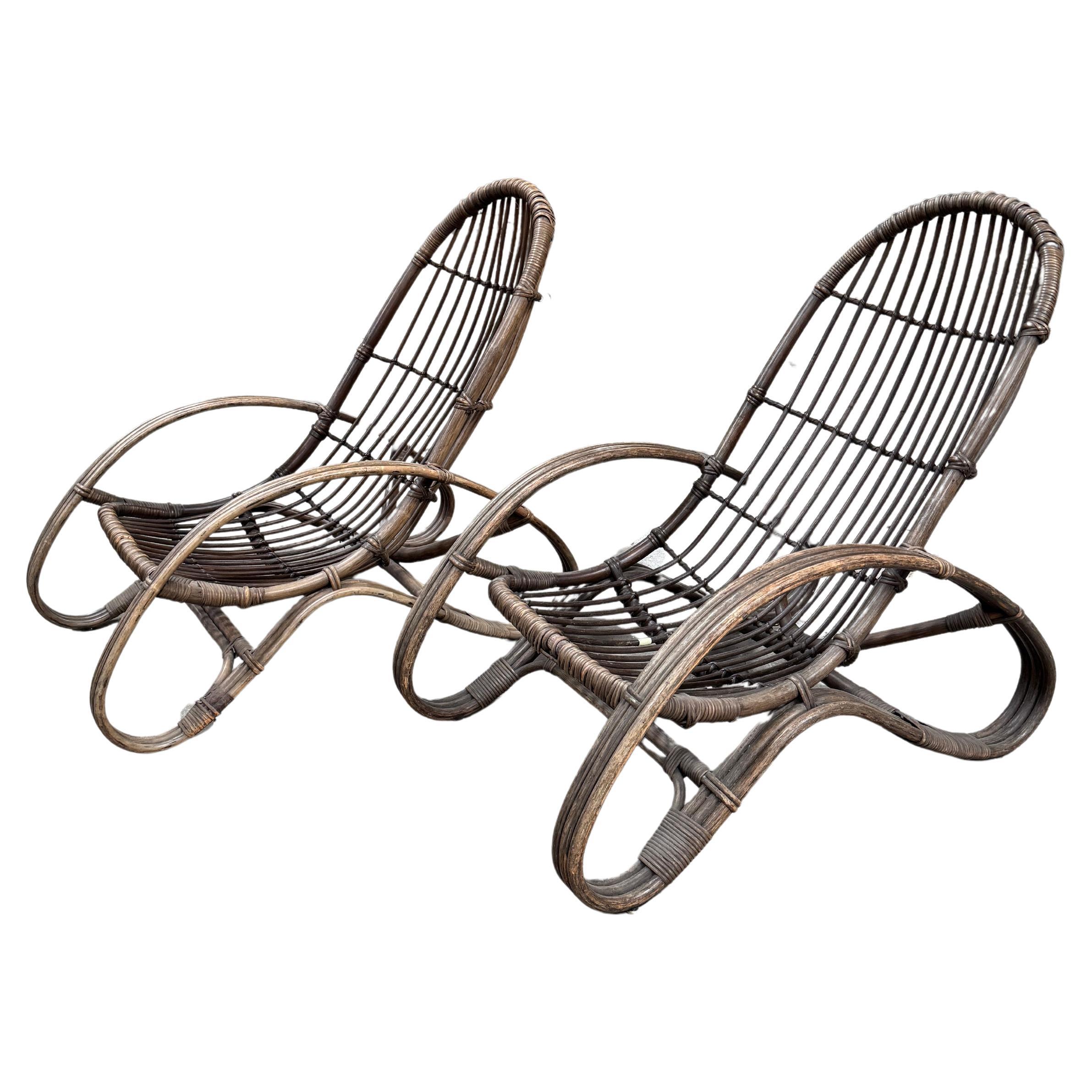 Mid-Century Modern Pair of Italian Bamboo and Rattan Armchairs by Tito Agnoli For Sale