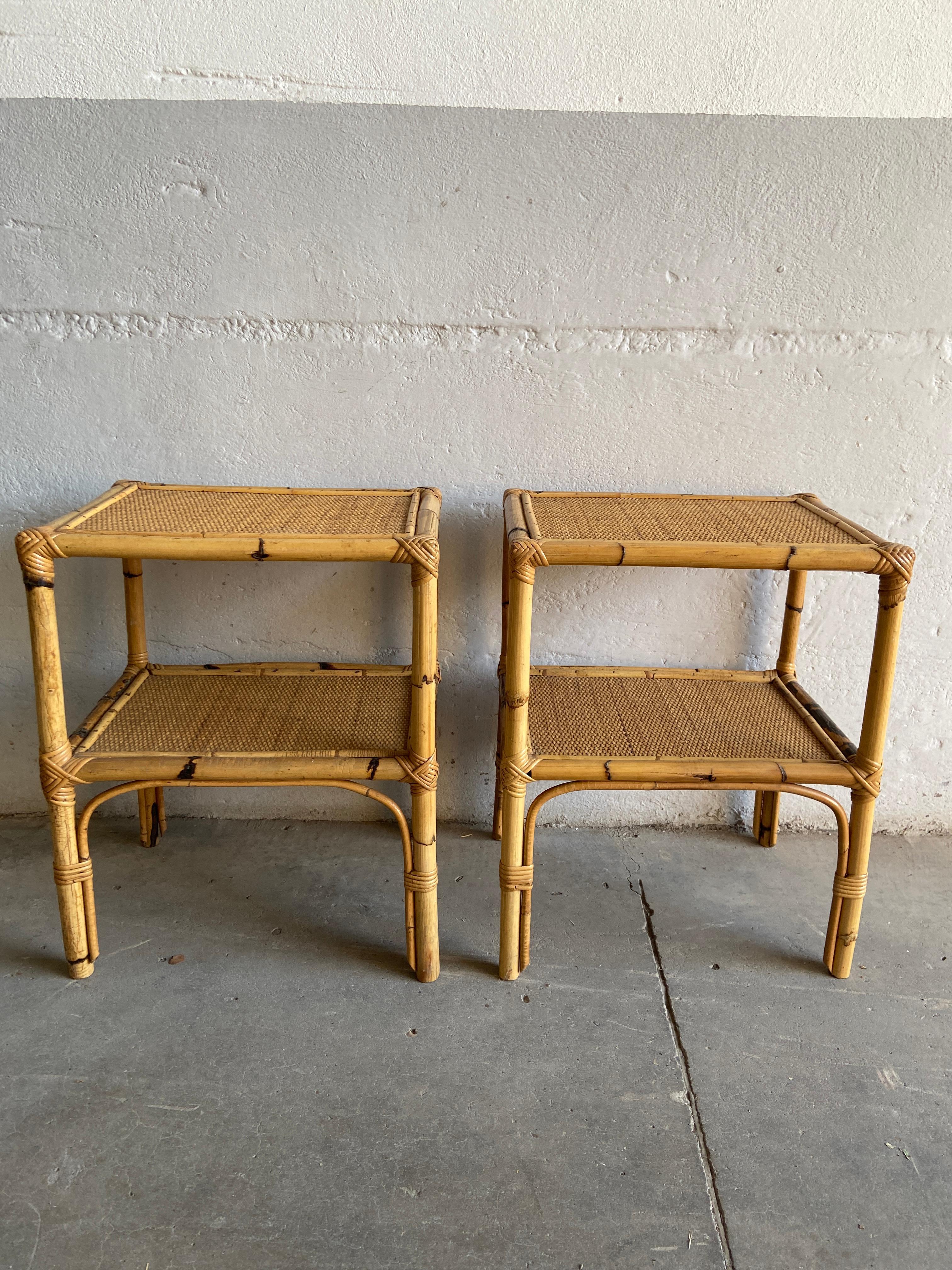 Mid-Century Modern Pair of Italian Bamboo and Rattan Night Stands or Side Tables In Good Condition In Prato, IT
