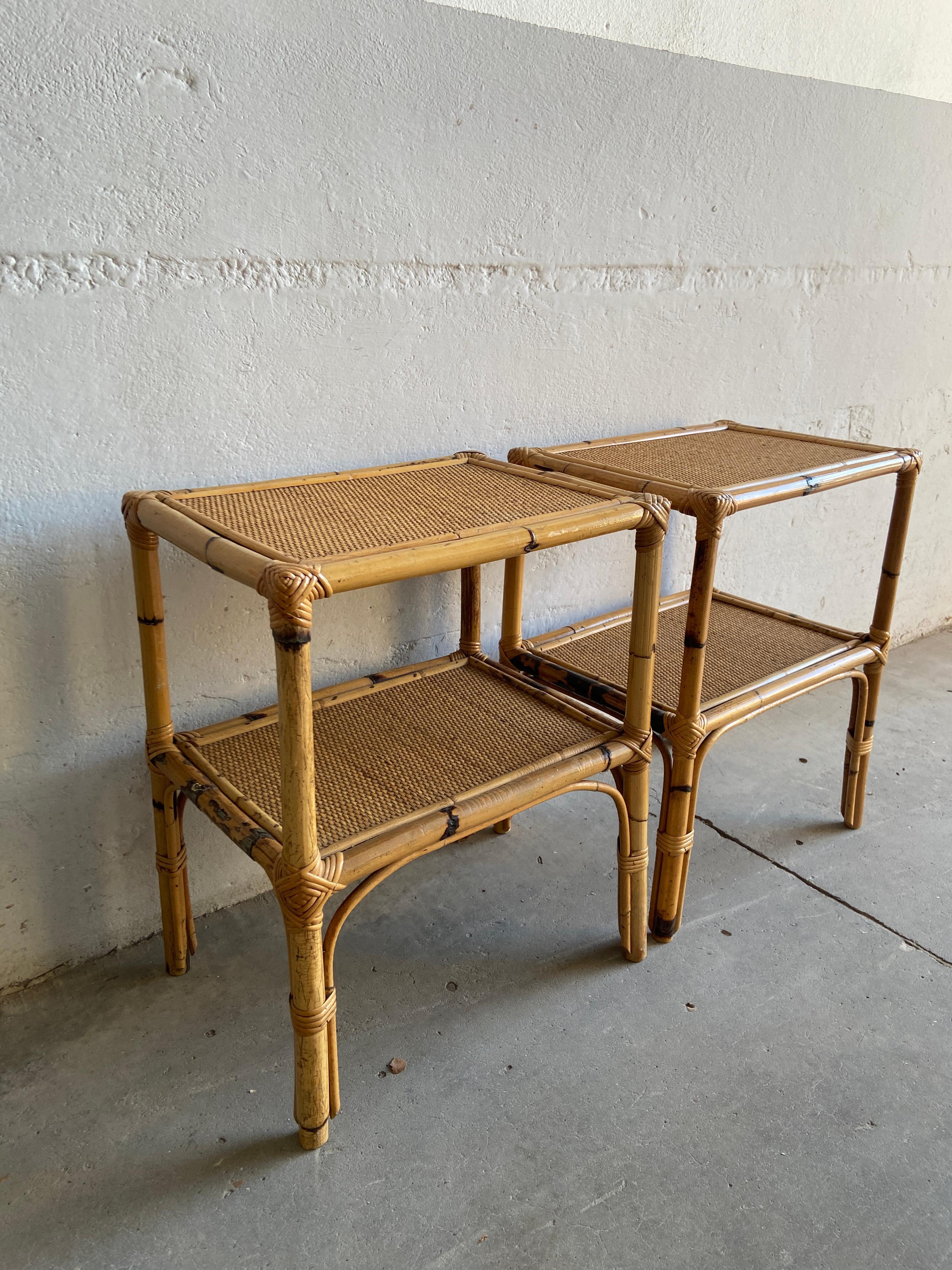 Late 20th Century Mid-Century Modern Pair of Italian Bamboo and Rattan Night Stands or Side Tables