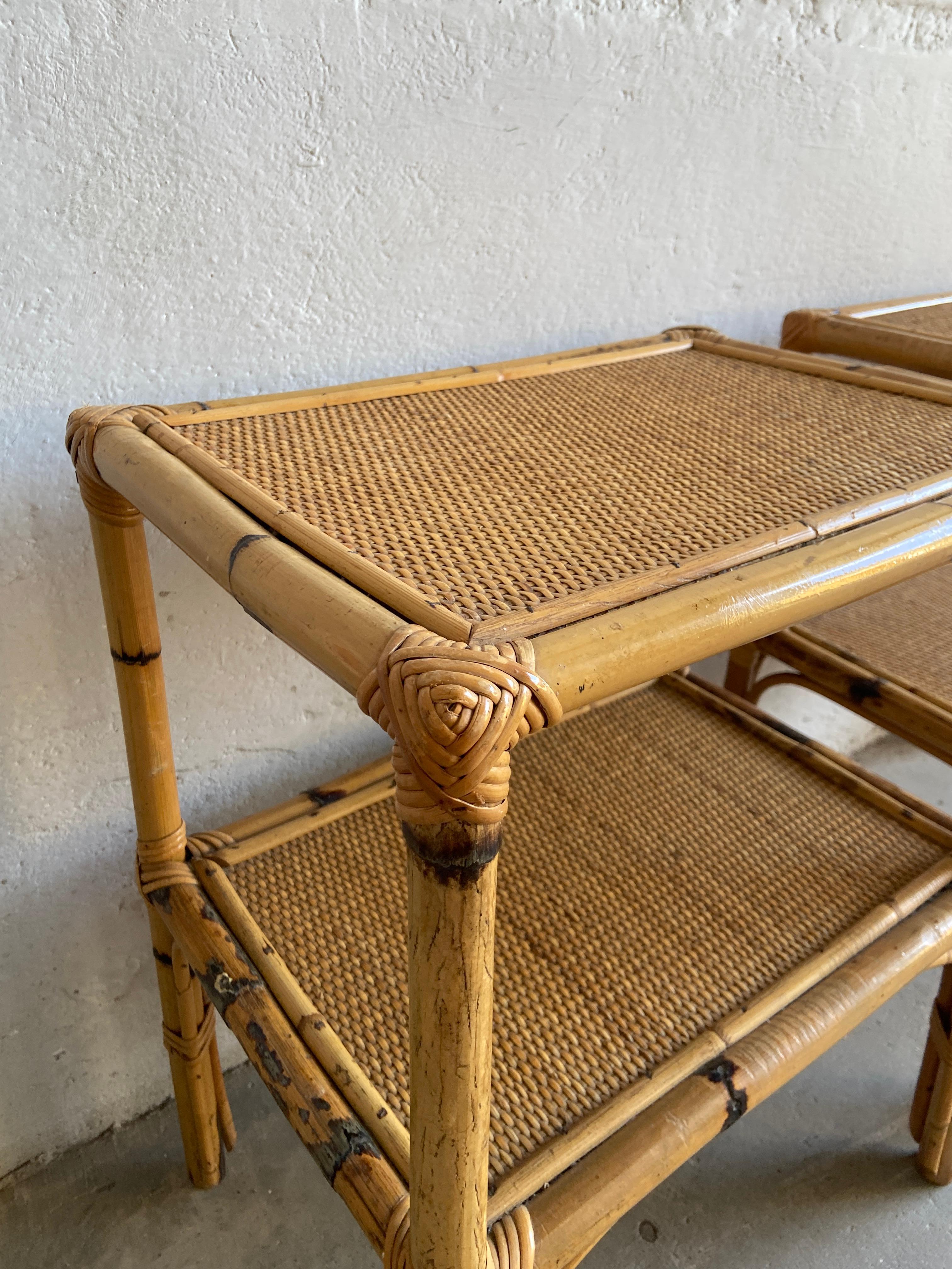 Mid-Century Modern Pair of Italian Bamboo and Rattan Night Stands or Side Tables 1