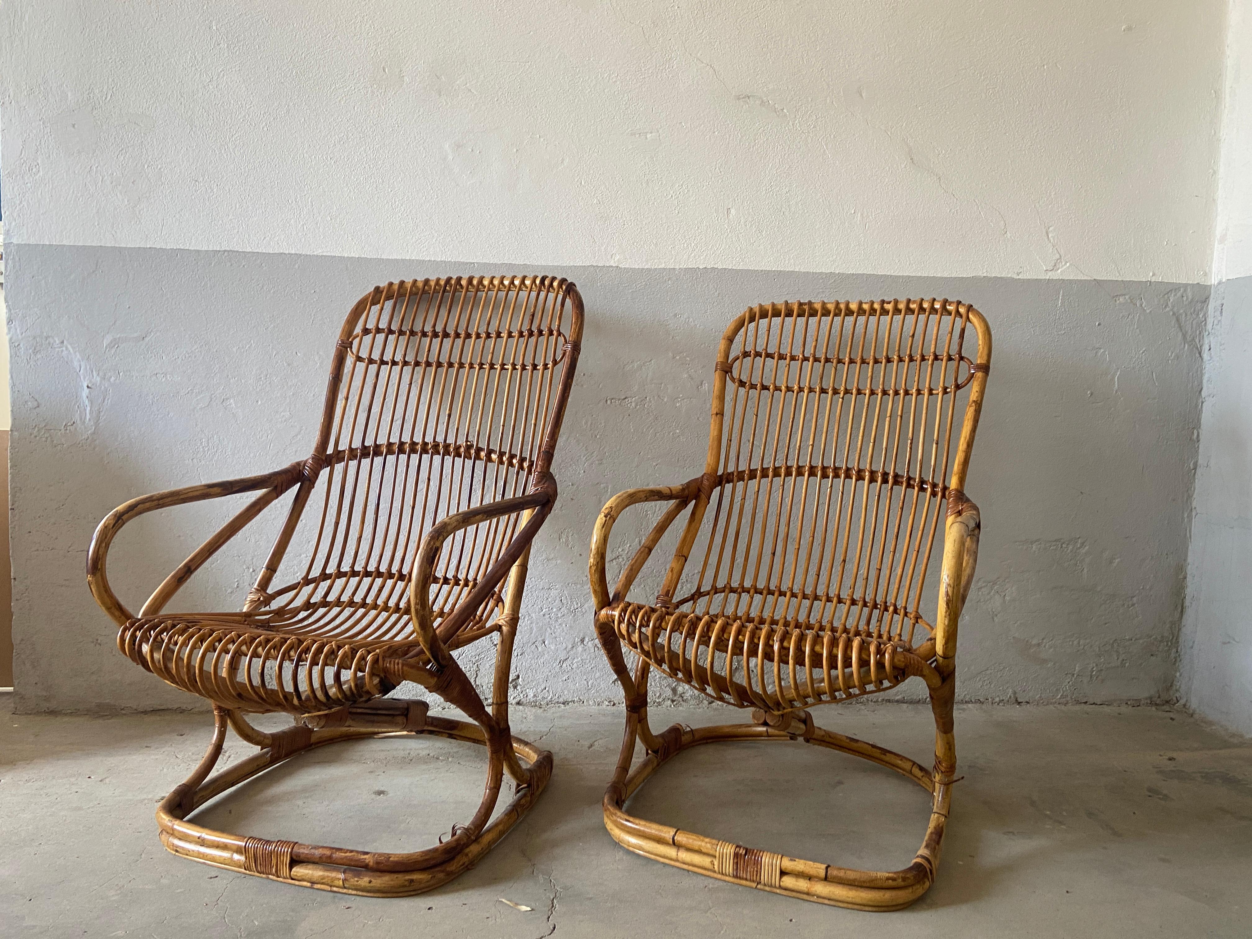 Mid-Century Modern Pair of Italian Bamboo Armchairs by Tito Agnoli In Good Condition In Prato, IT