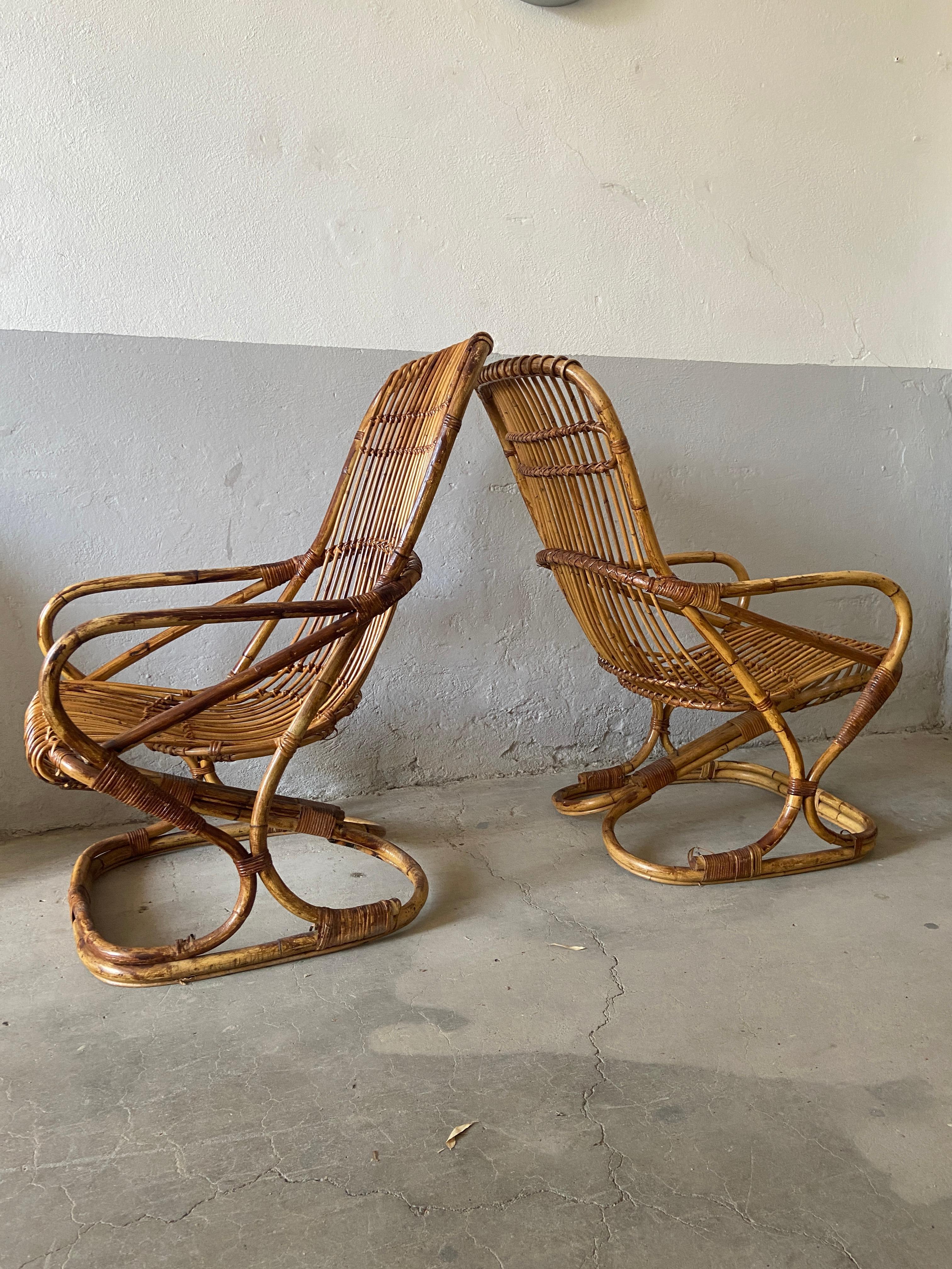 Mid-Century Modern Pair of Italian Bamboo Armchairs by Tito Agnoli 2
