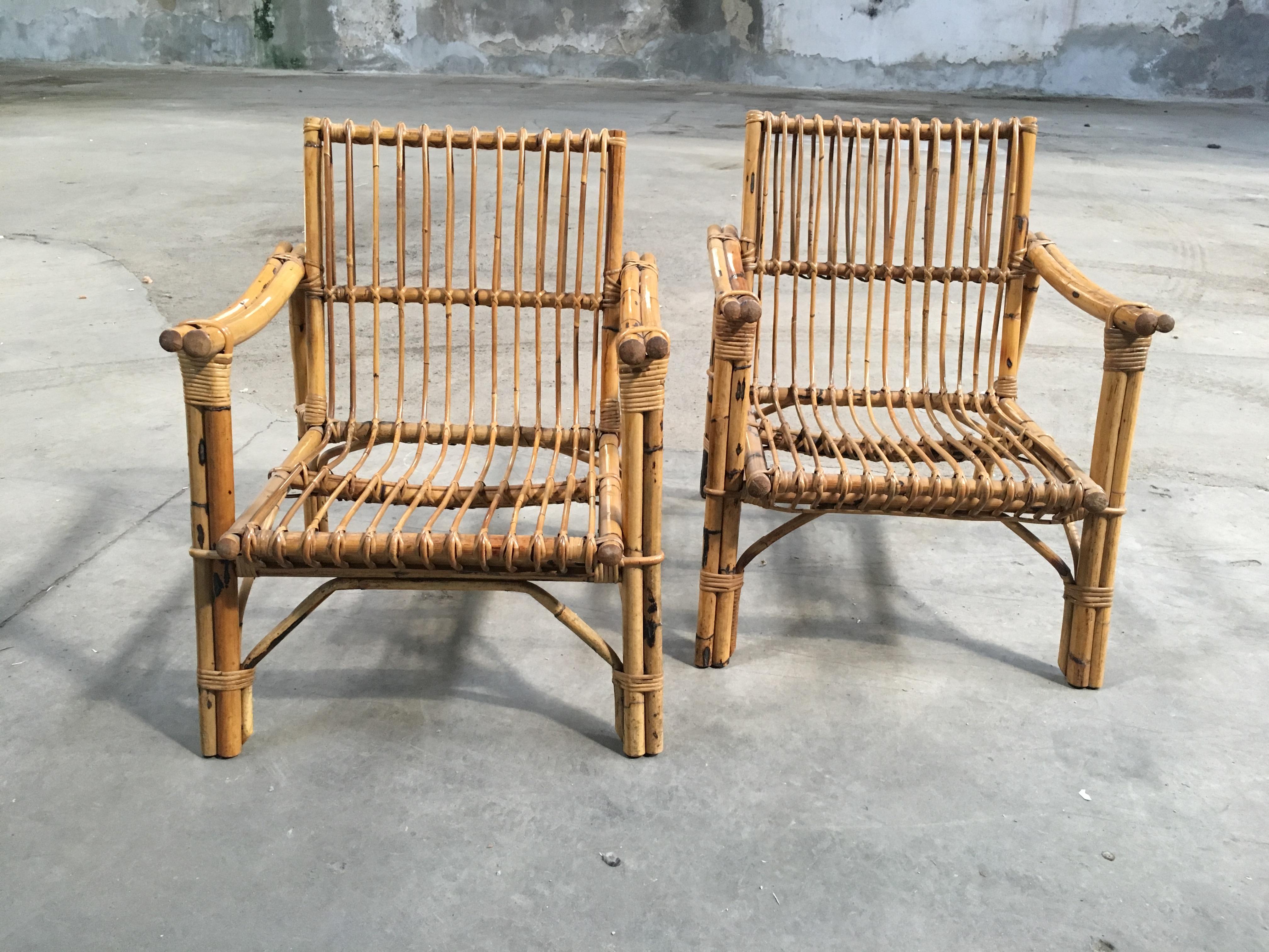 Mid-Century Modern Pair of Italian Bamboo Armchairs with Original Cushions 6