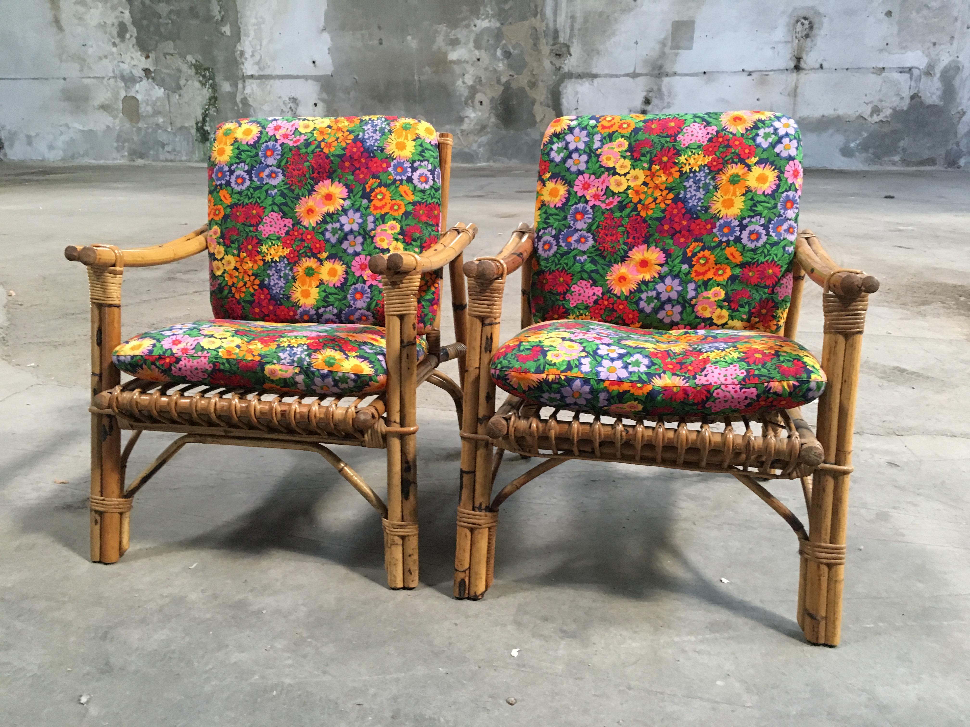 Mid-Century Modern pair of Italian bamboo armchairs with original floral cushions from 1960s.